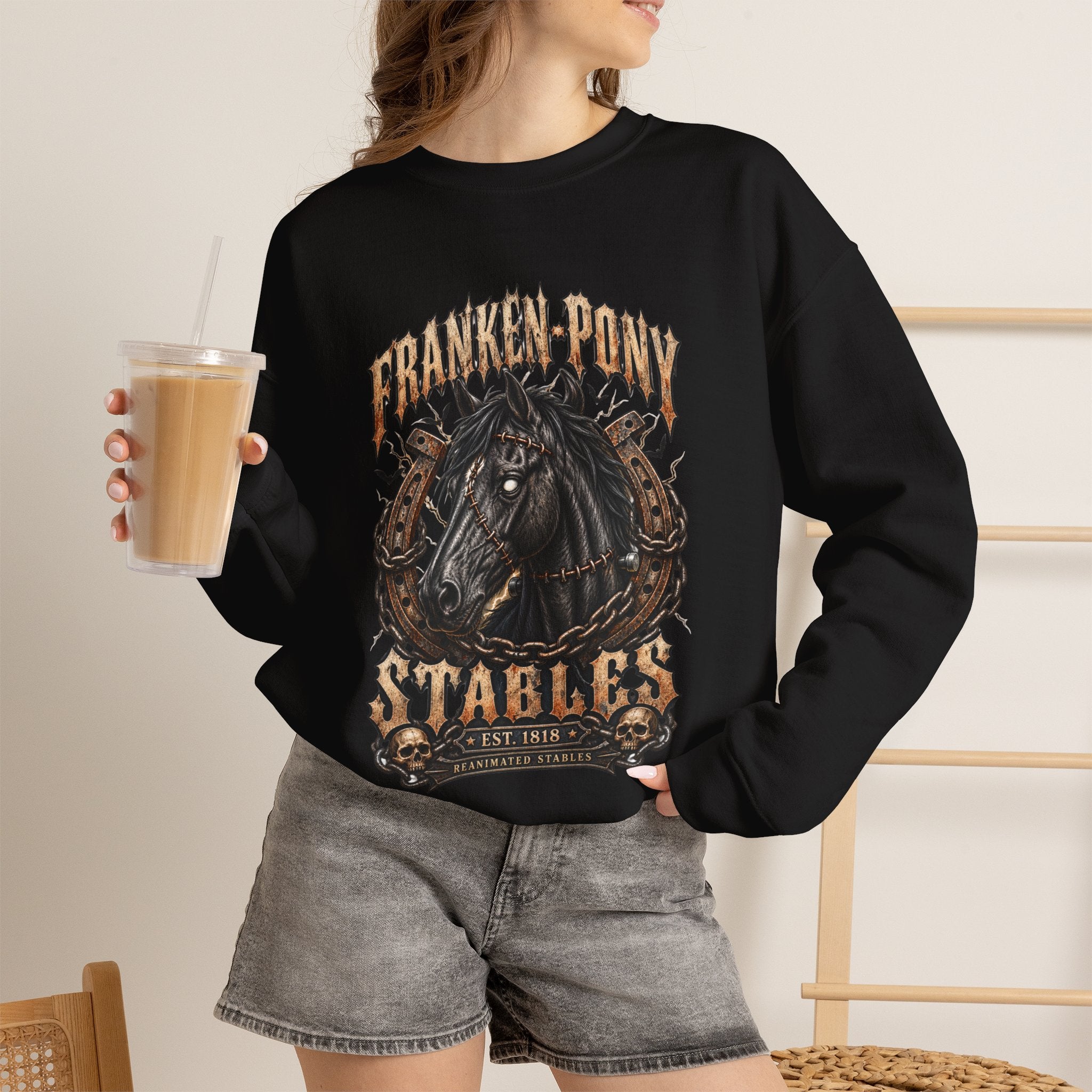 Franken-Pony Stables Est. 1818 Halloween Sweatshirt Gothic Horse Crest Crewneck