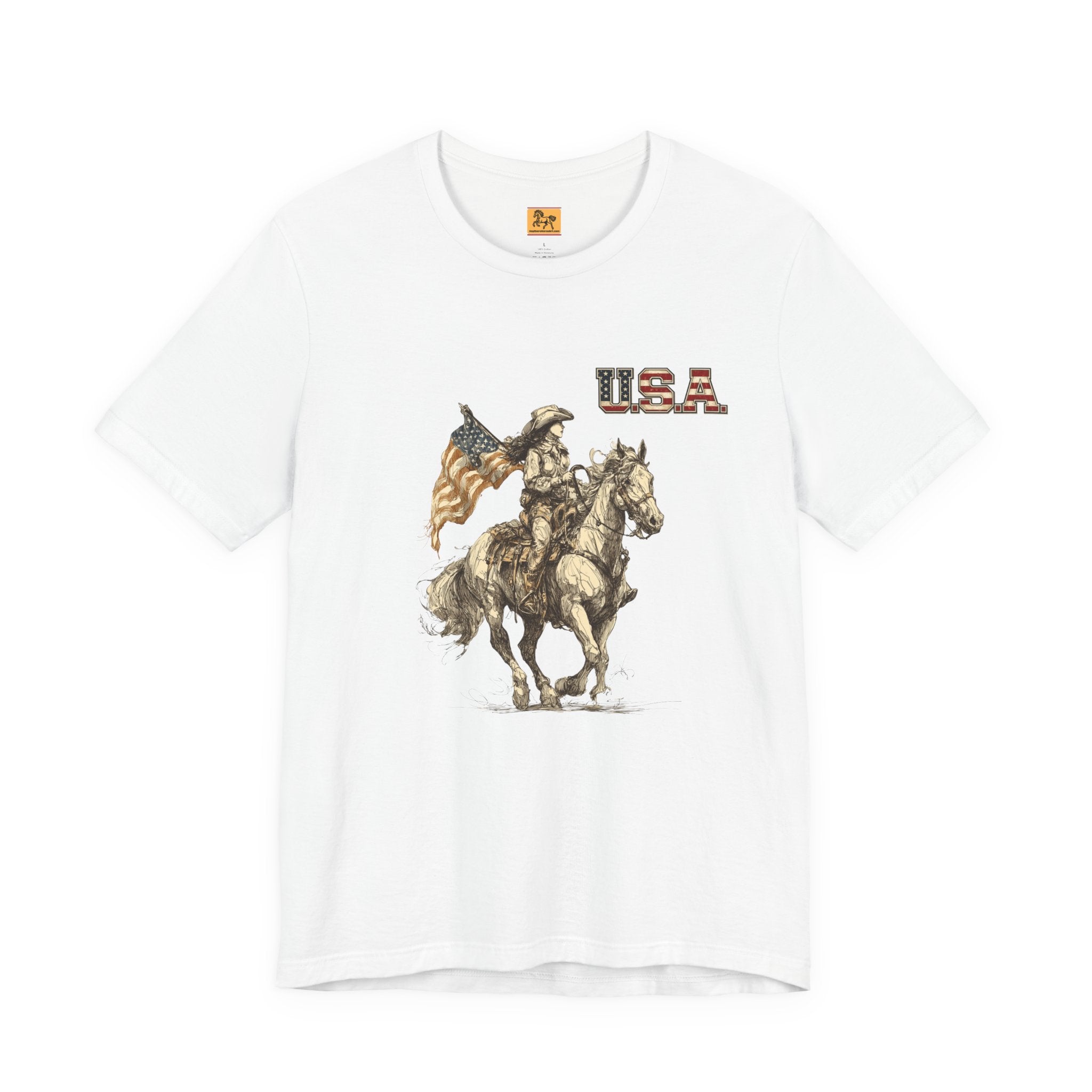 USA Flag and Cowgirl Rider patriotic graphic t-shirt featuring cowgirl on horseback with American flag, unisex western tee for 4th of July and rodeos