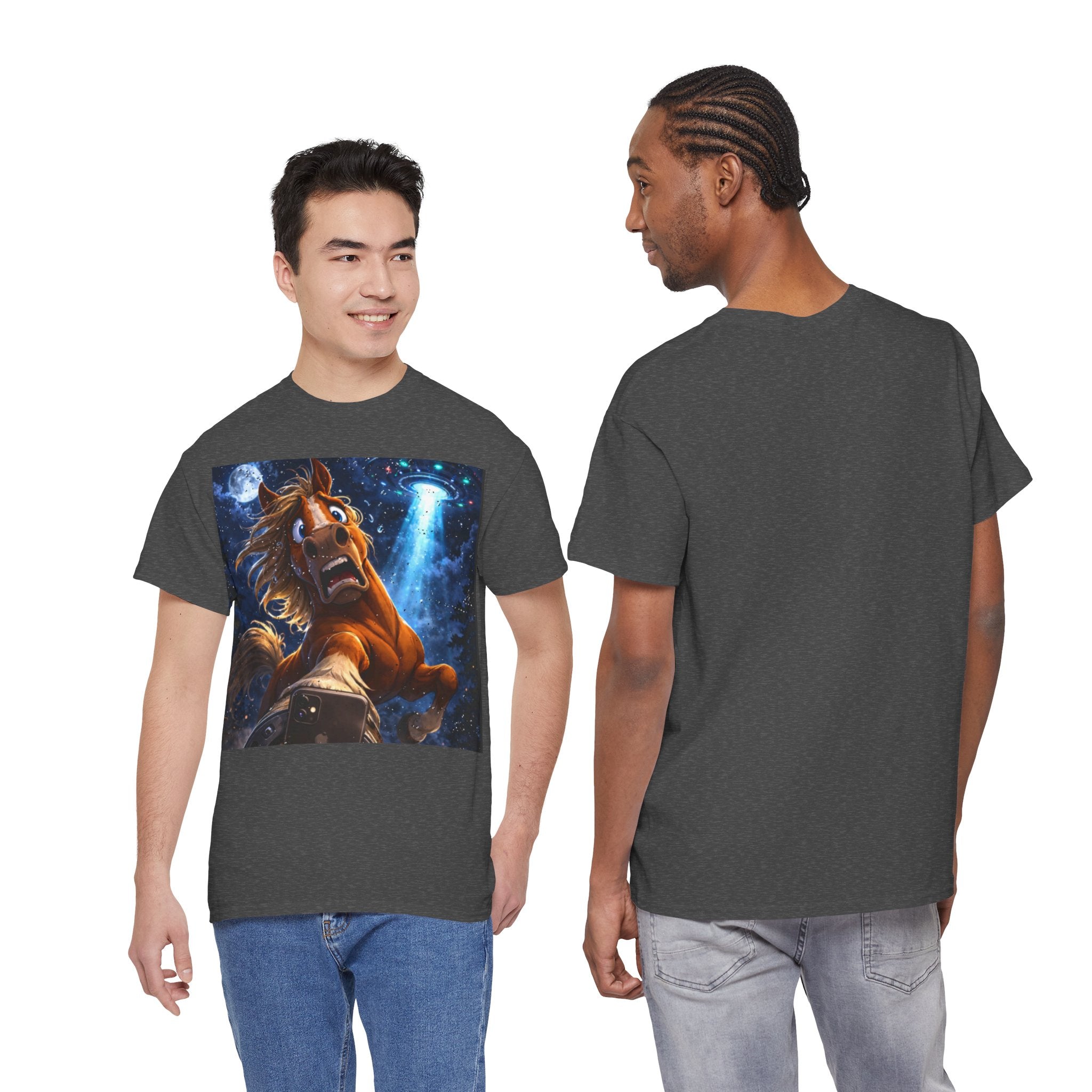 T-shirt with a graphic of a horse taking a selfy with a UFOt, worn by two models against a white background.  Funny Tee.