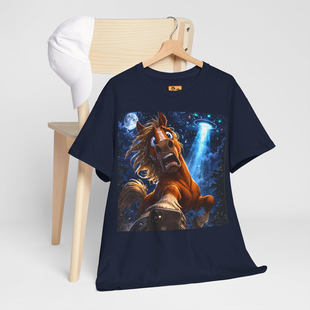 Navy Blue T-shirt with a horse taking a selfie with a UFO funny tee