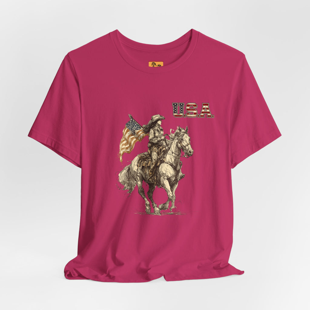 USA Flag & Cowgirl Rider T-Shirt | Patriotic Cowgirl on Horse Graphic Tee