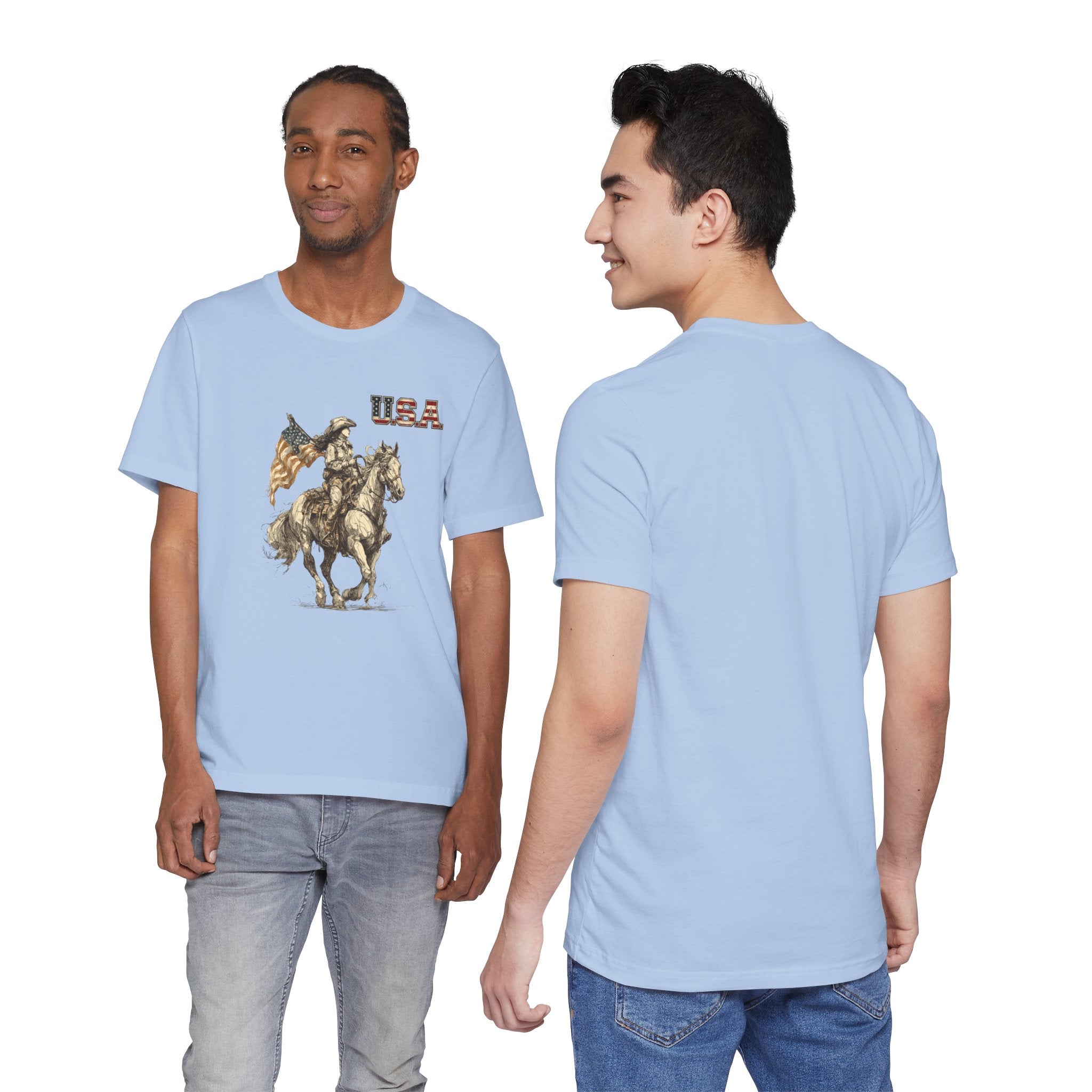 USA Flag & Cowgirl Rider T-Shirt | Patriotic Cowgirl on Horse Graphic Tee