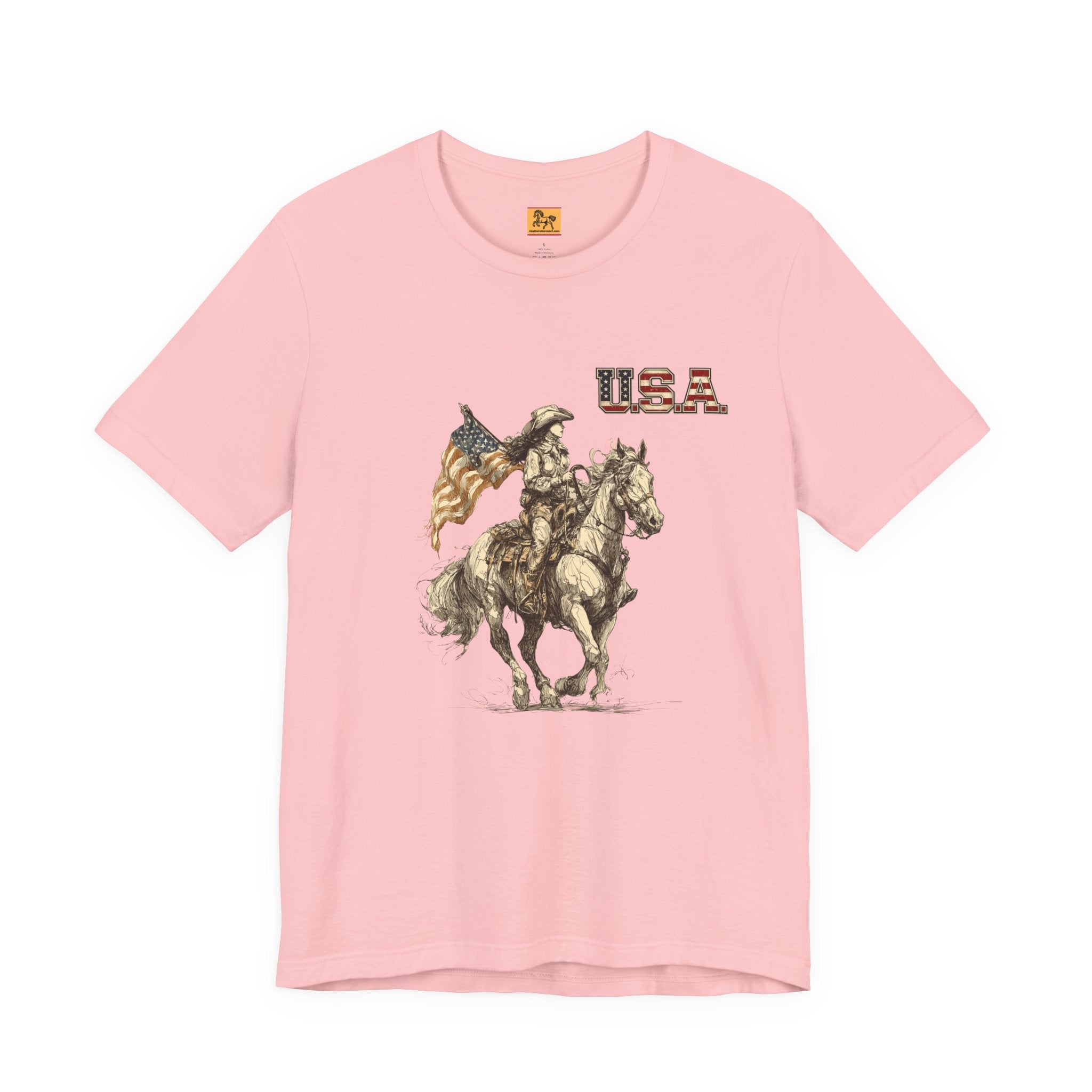 USA Flag & Cowgirl Rider T-Shirt | Patriotic Cowgirl on Horse Graphic Tee