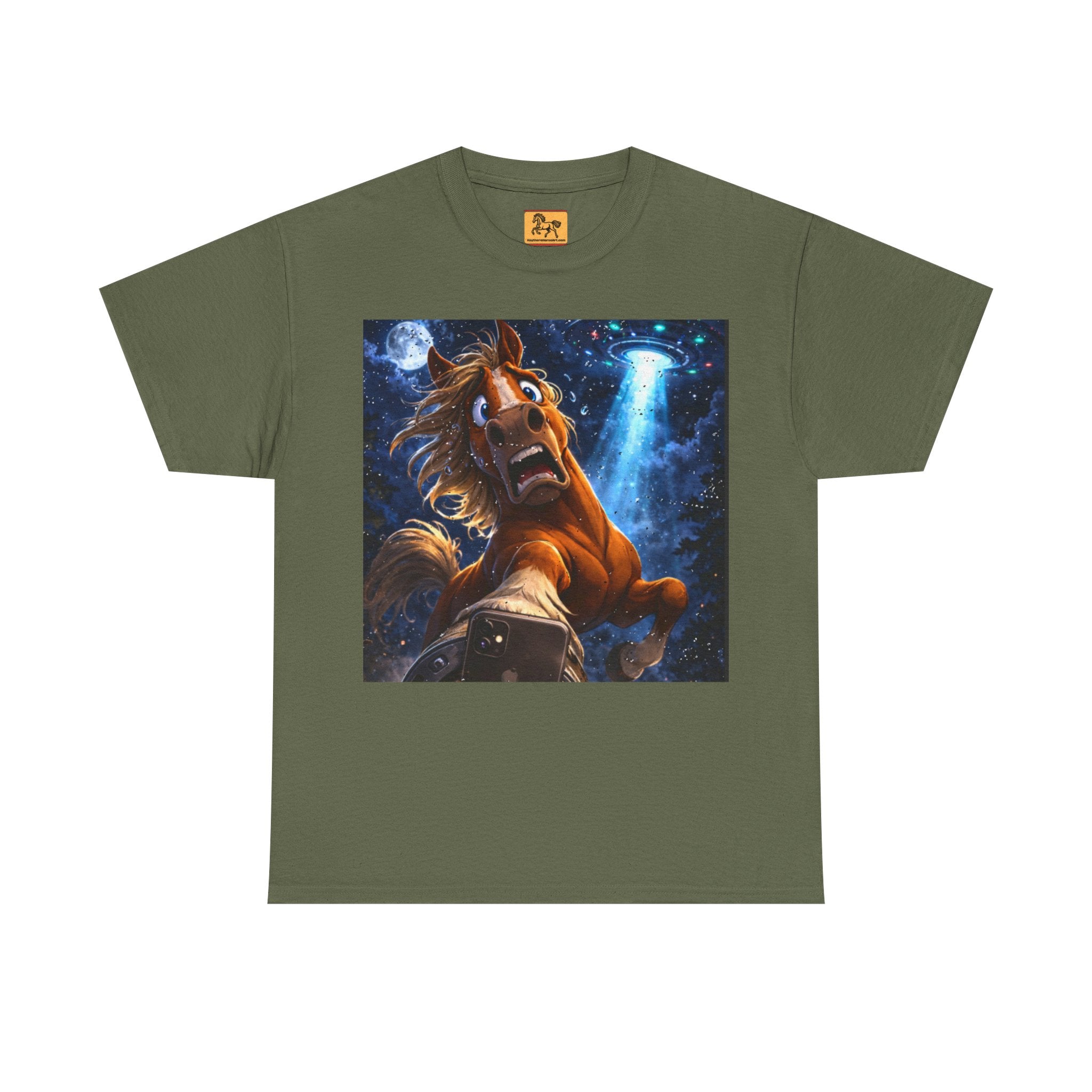 Green t-shirt with a horse taking a selfie on a starry sky with a UFO in the  background with a graphic of a horse and a starry sky.