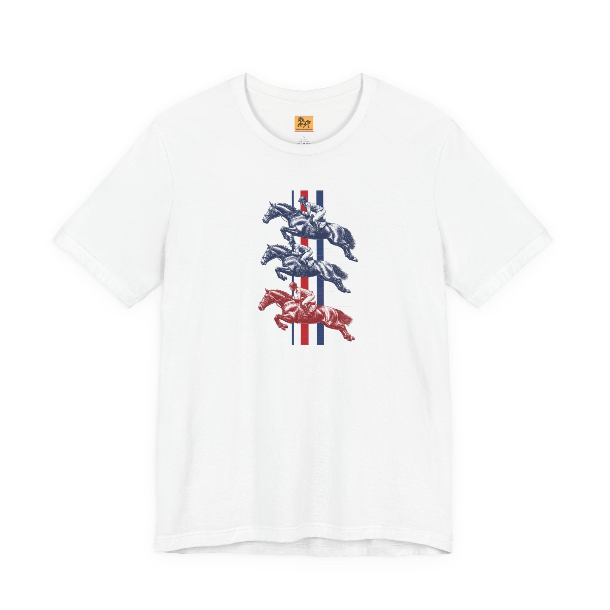 Vintage Show Jumping Horses T‑Shirt UK Red White Blue Equestrian Tee for Riders & Owners