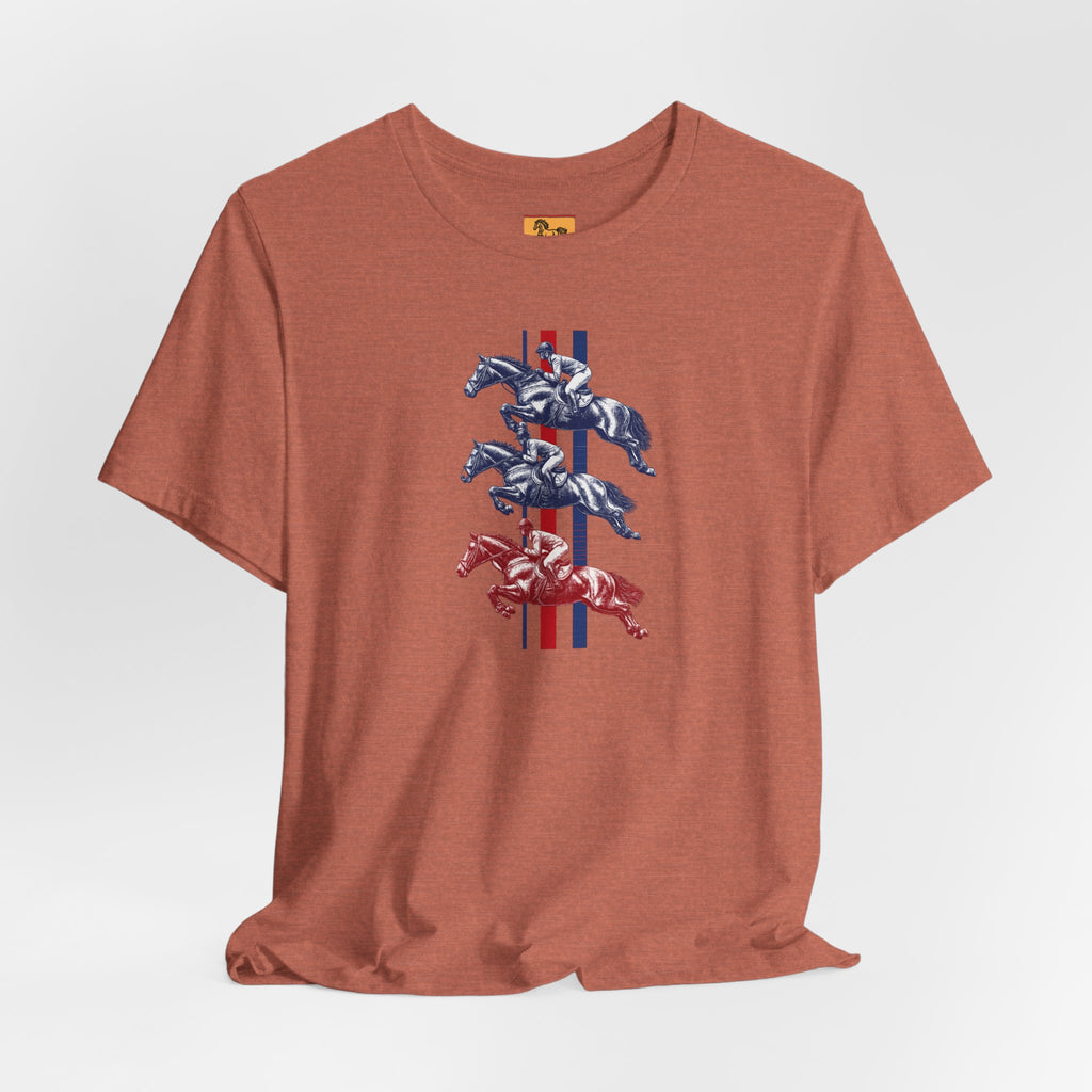 Vintage Show Jumping Horses T‑Shirt UK Red White Blue Equestrian Tee for Riders & Owners