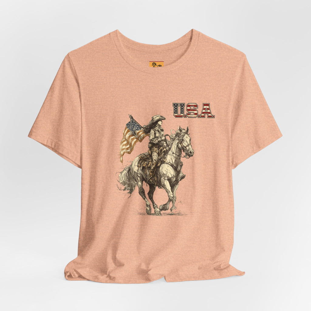 USA Flag & Cowgirl Rider T-Shirt | Patriotic Cowgirl on Horse Graphic Tee
