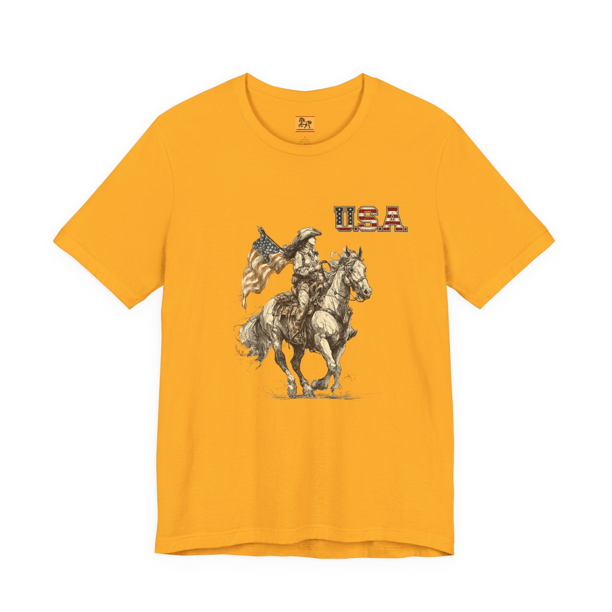 USA Flag & Cowgirl Rider T-Shirt | Patriotic Cowgirl on Horse Graphic Tee