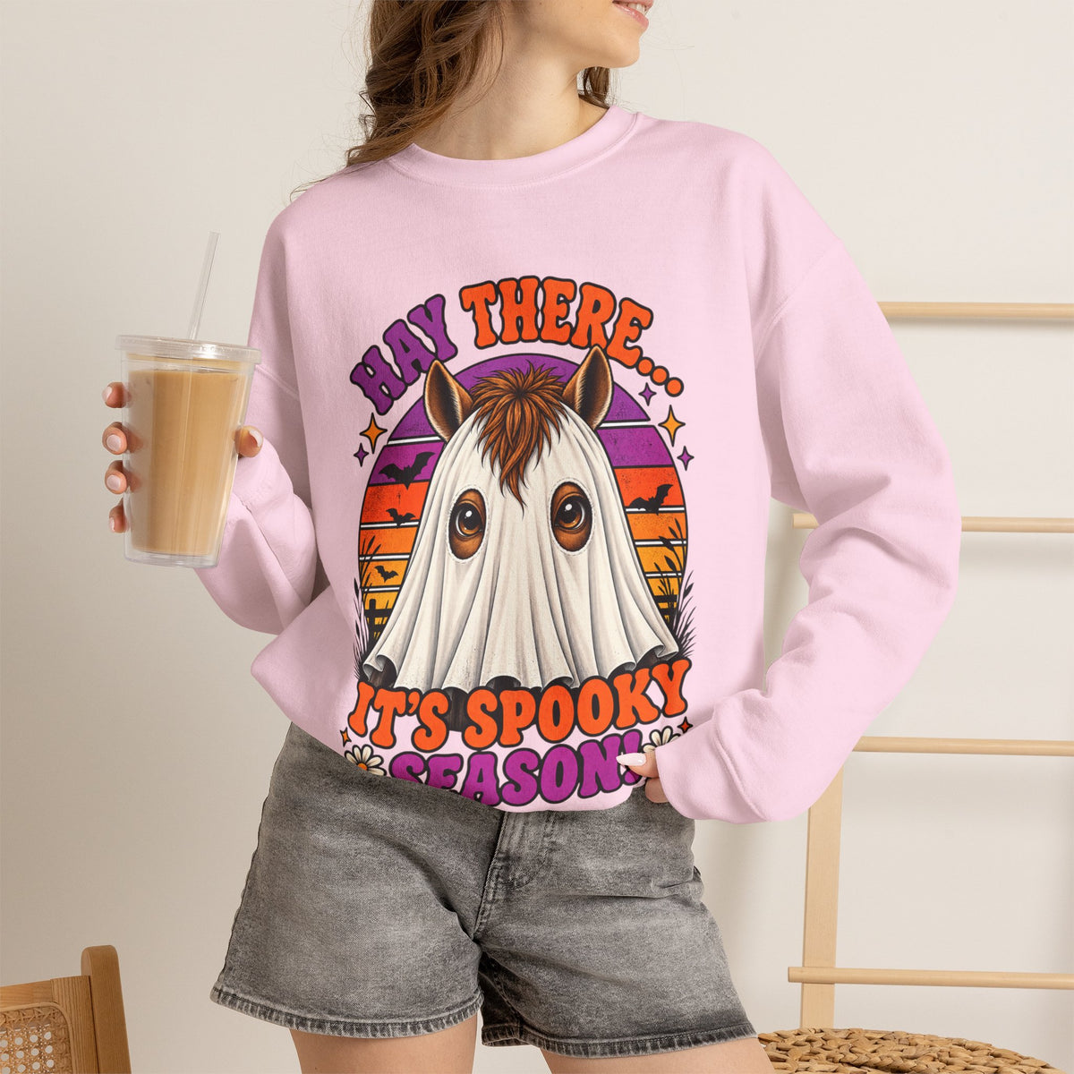 Hay There, It's Spooky Season! Ghost Horse Halloween Sweatshirt Funny Equestrian Crewneck