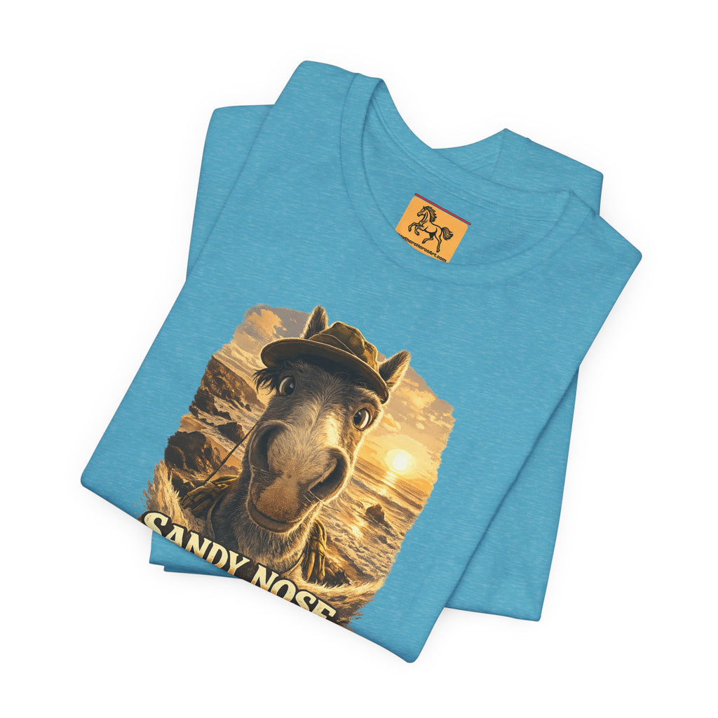 Sandy nose, don't care. A cheeky horse beach selfie tee for horse lovers who live for summer. Super soft Bella + Canvas 3001. Shop now at Hay There Horse Art.