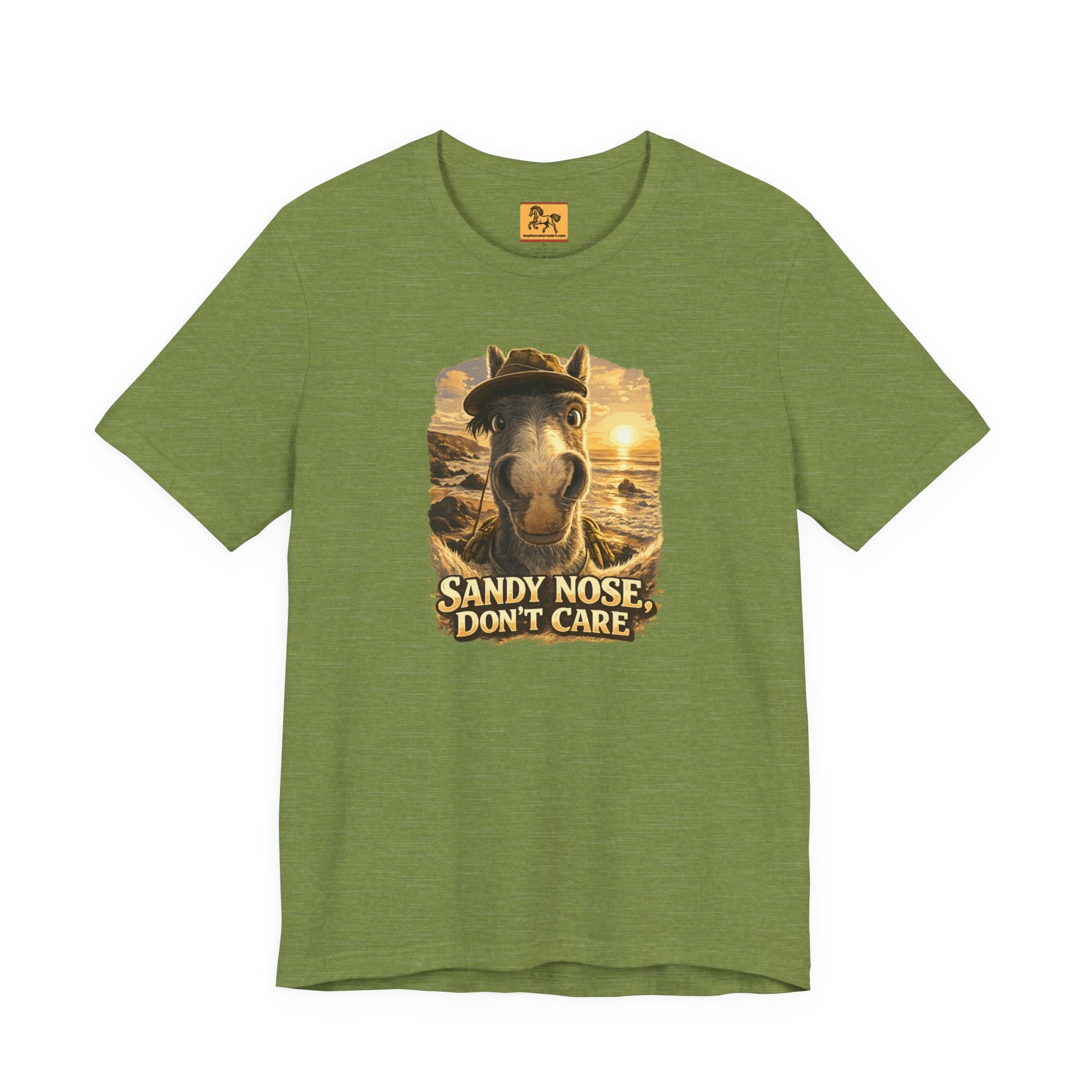 Sandy nose, don't care. A cheeky horse beach selfie tee for horse lovers who live for summer. Super soft Bella + Canvas 3001. Shop now at Hay There Horse Art.