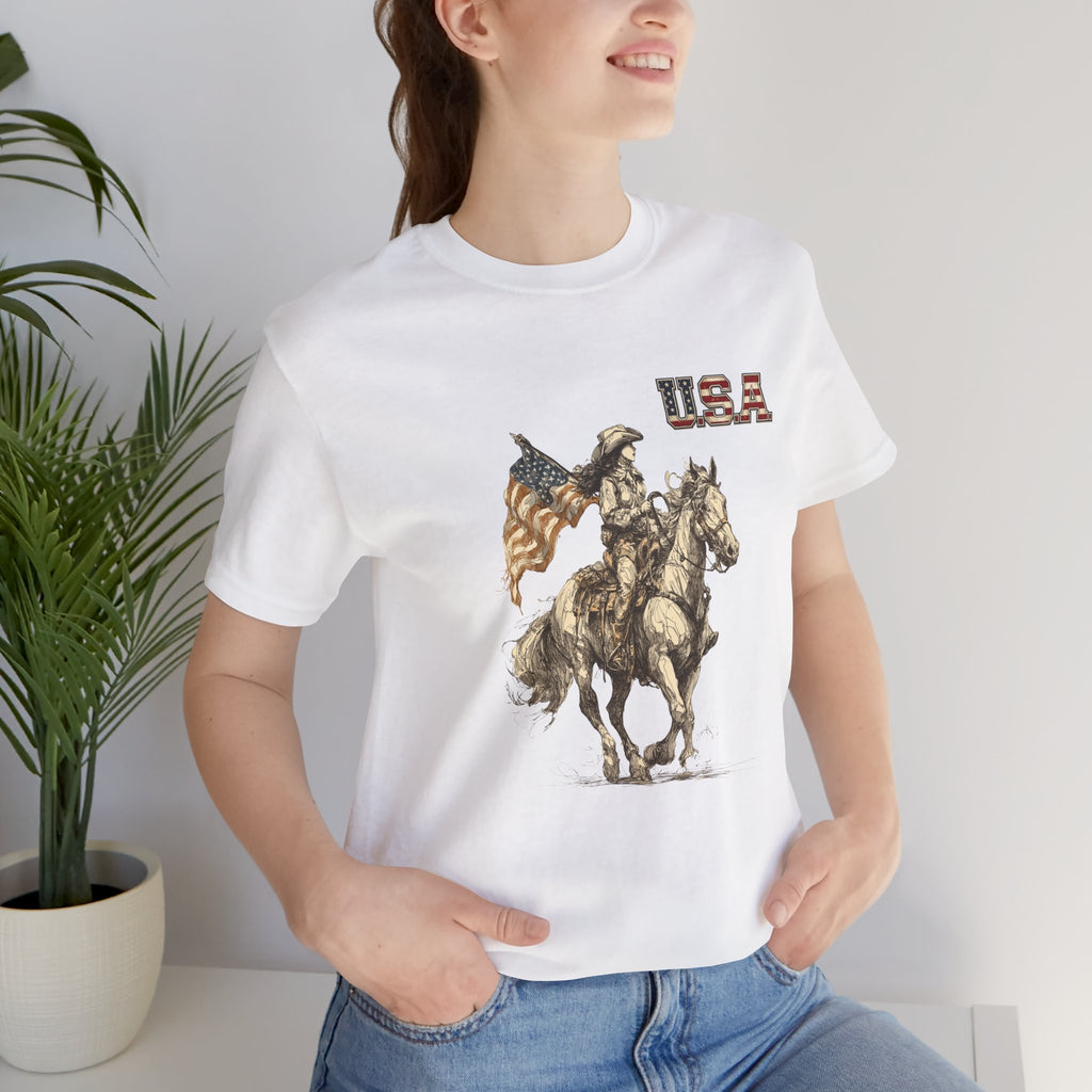 USA Flag & Cowgirl Rider T-Shirt | Patriotic Cowgirl on Horse Graphic Tee