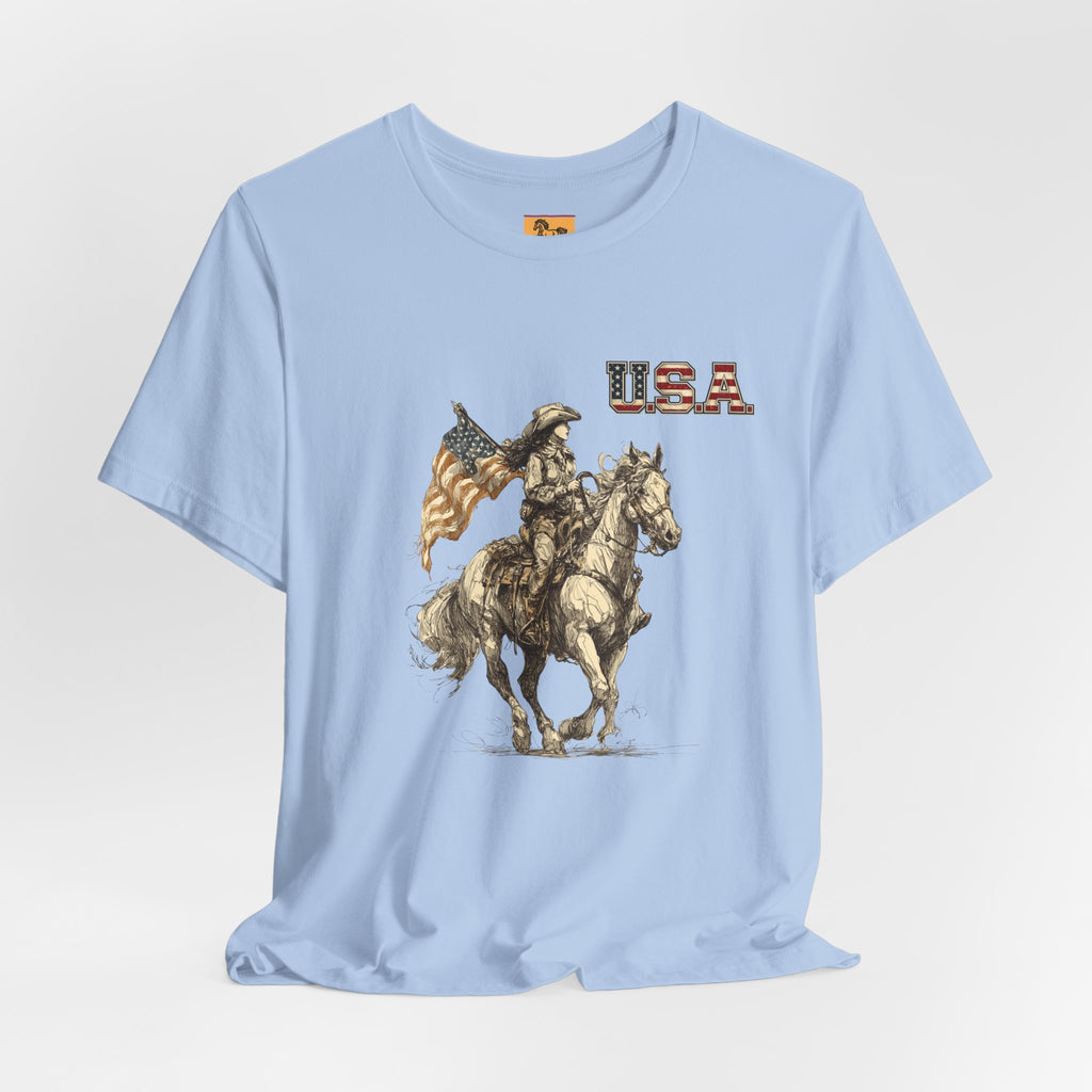 USA Flag & Cowgirl Rider T-Shirt | Patriotic Cowgirl on Horse Graphic Tee
