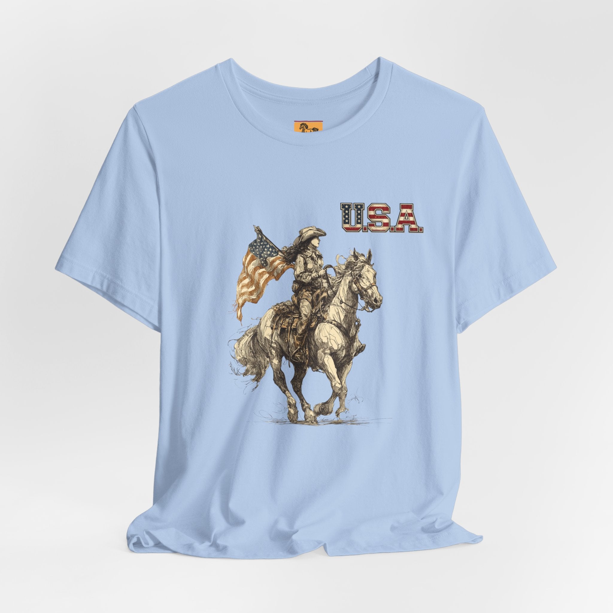 USA Flag & Cowgirl Rider T-Shirt | Patriotic Cowgirl on Horse Graphic Tee
