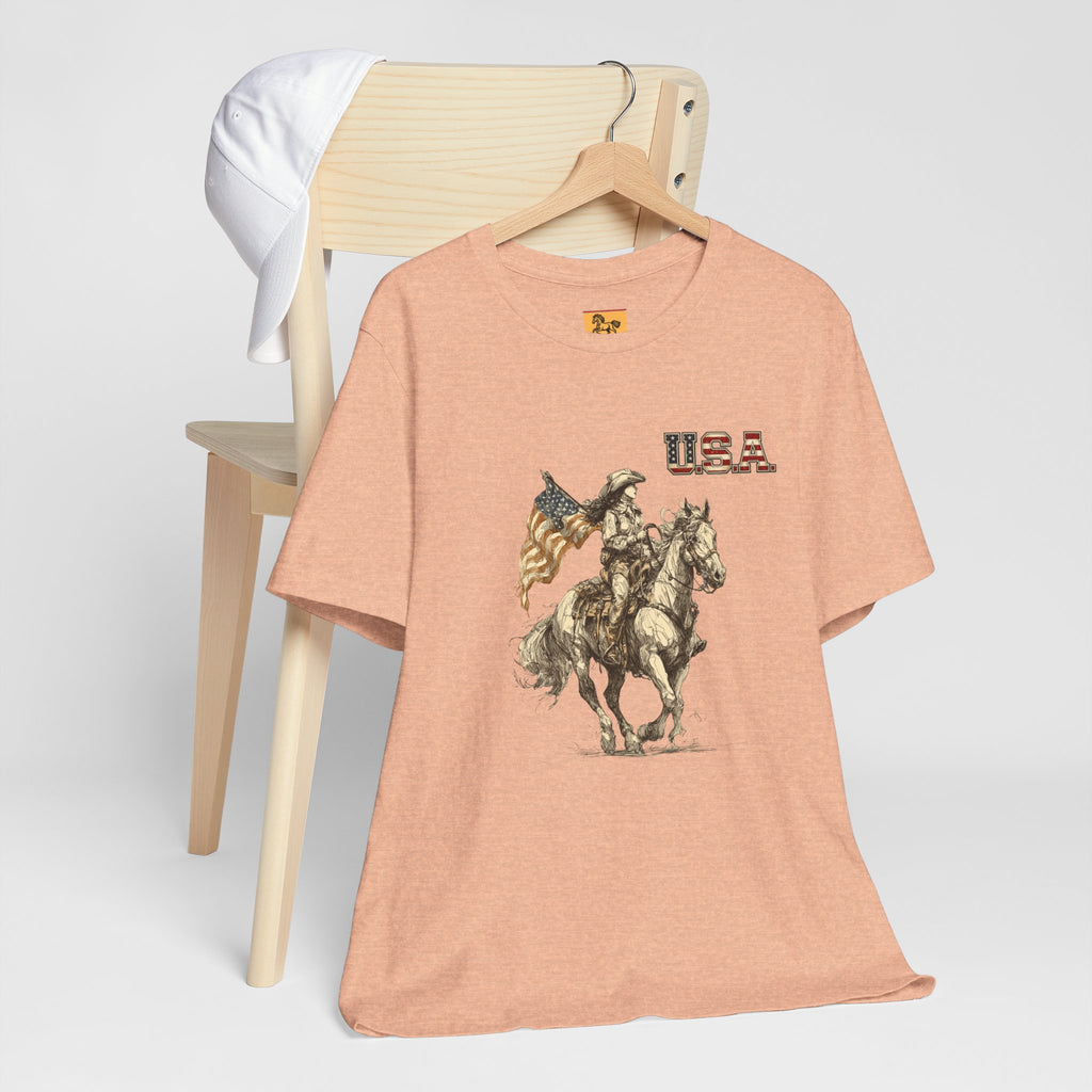 USA Flag & Cowgirl Rider T-Shirt | Patriotic Cowgirl on Horse Graphic Tee