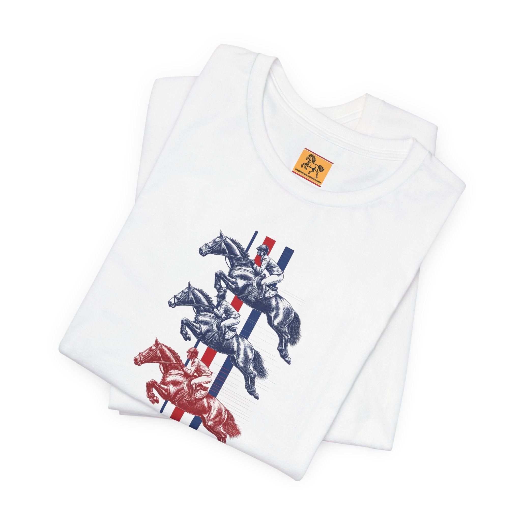 Vintage Show Jumping Horses T‑Shirt UK Red White Blue Equestrian Tee for Riders & Owners