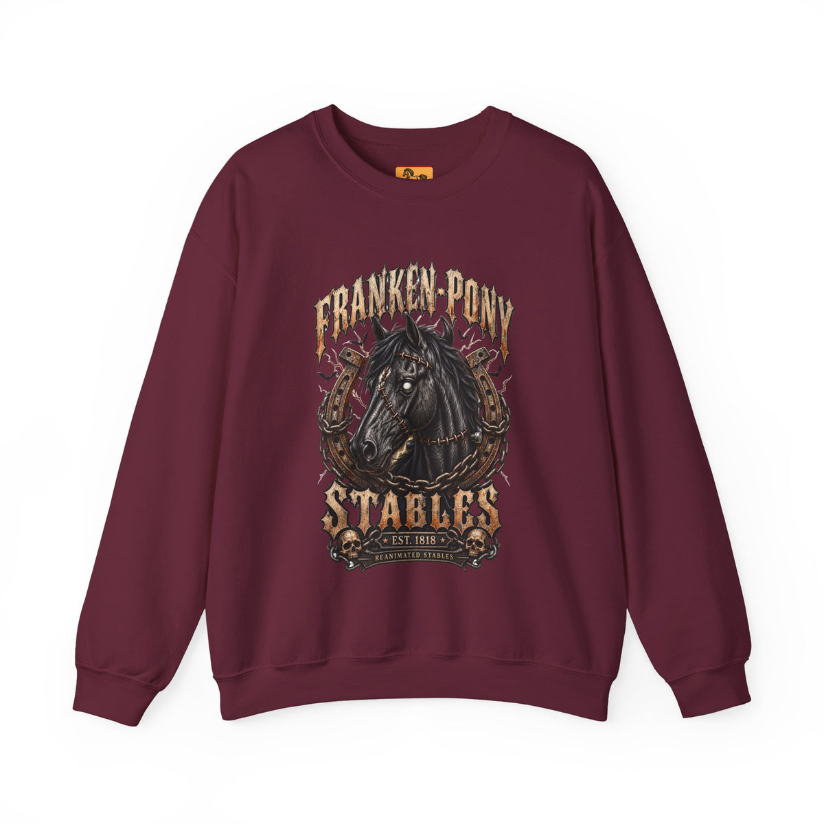 Franken-Pony Stables Est. 1818 Halloween Sweatshirt Gothic Horse Crest Crewneck