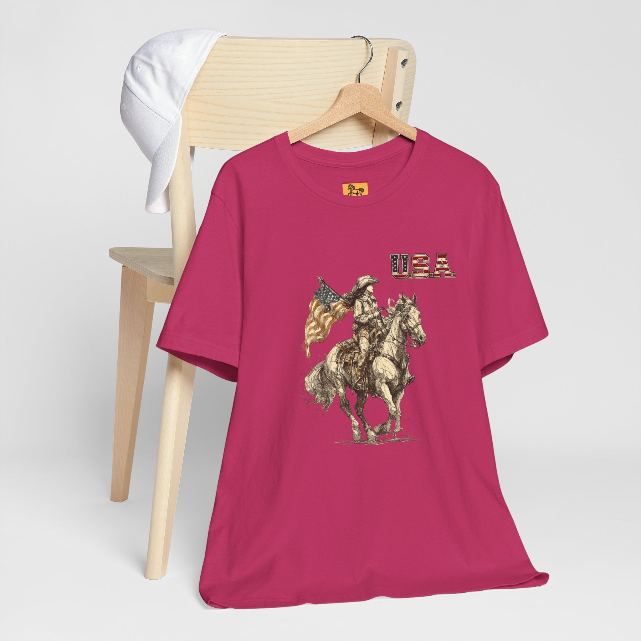USA Flag & Cowgirl Rider T-Shirt | Patriotic Cowgirl on Horse Graphic Tee