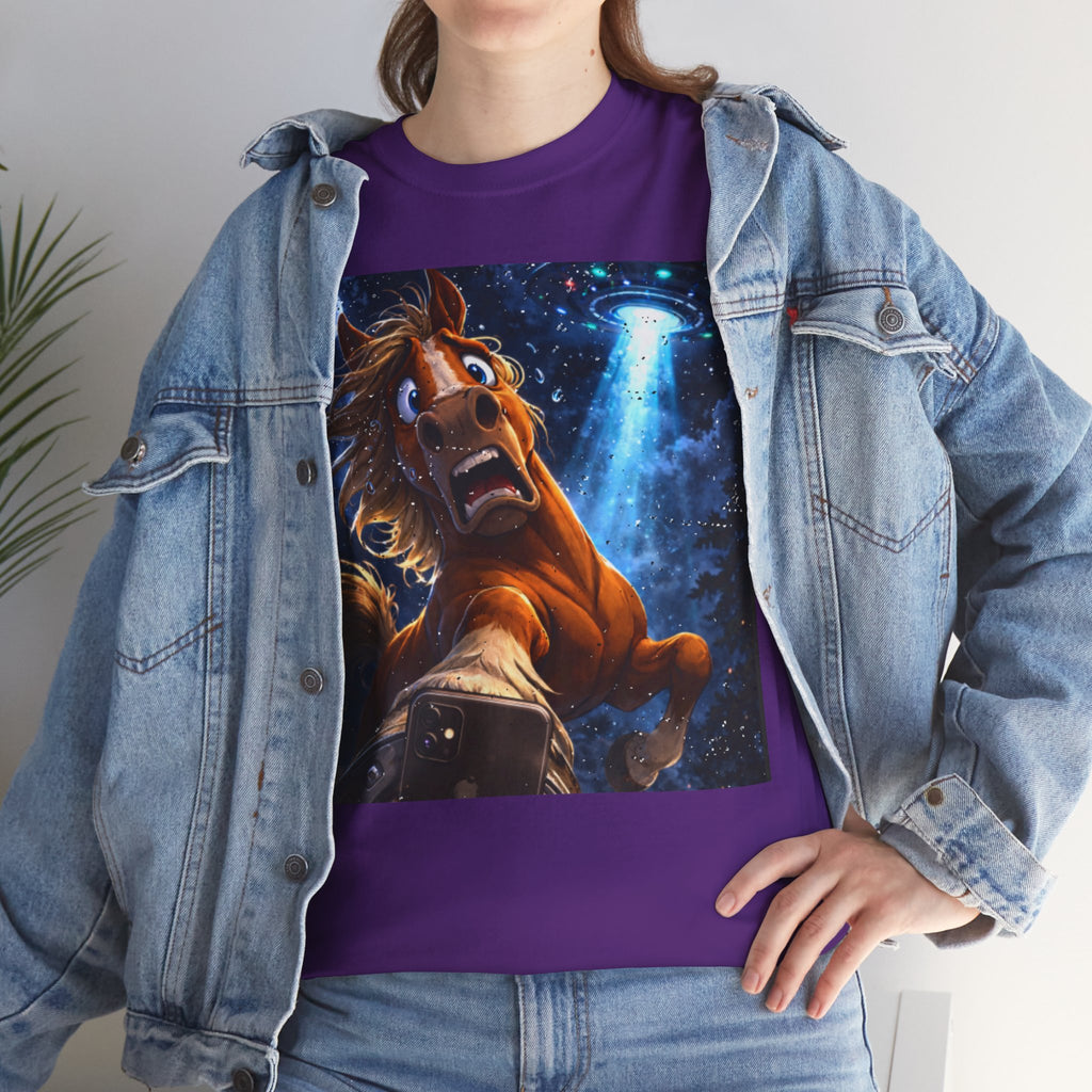 Person wearing a purple t-shirt with a horse UFO selfie graphic and denim jacket.  Funny Tee.