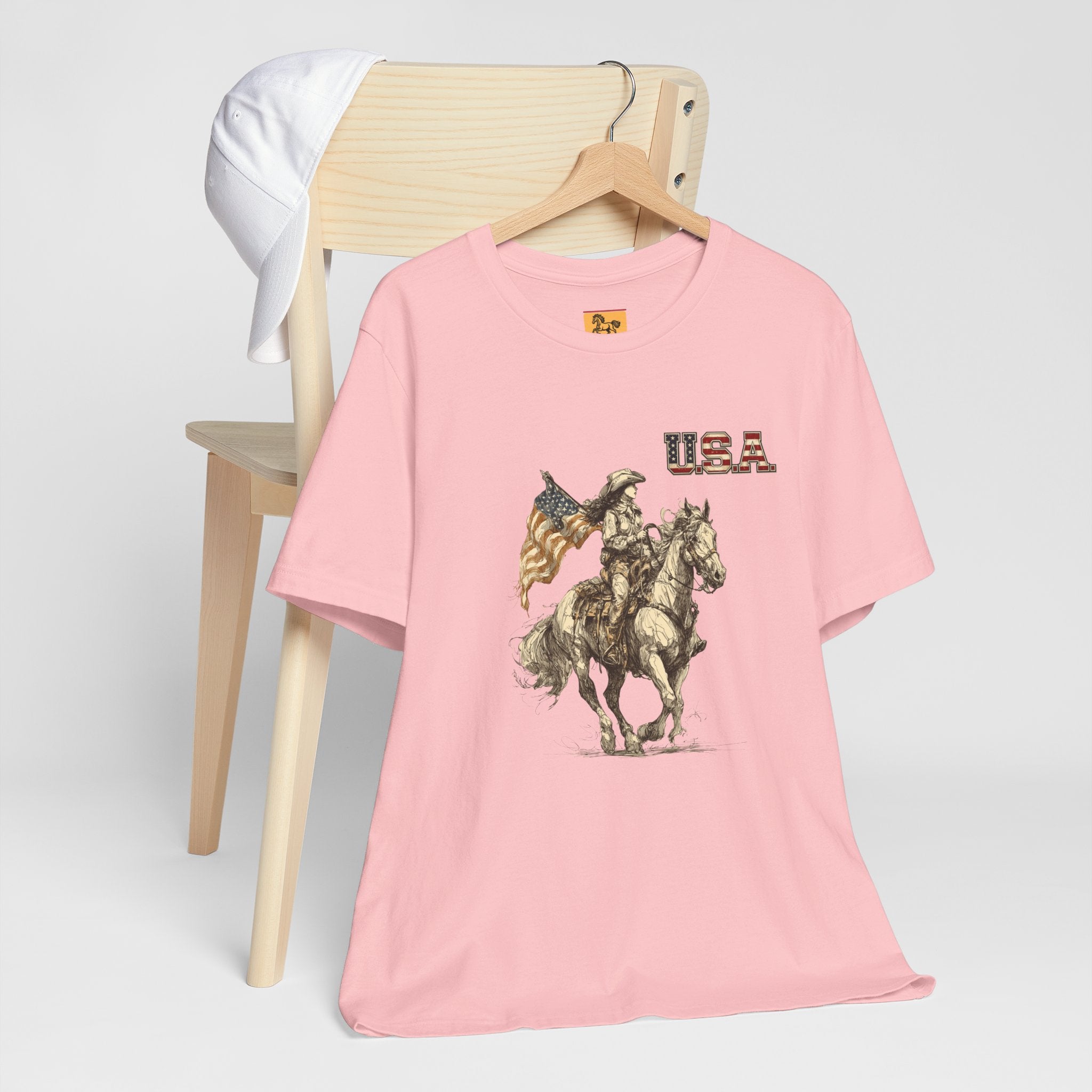 USA Flag & Cowgirl Rider T-Shirt | Patriotic Cowgirl on Horse Graphic Tee