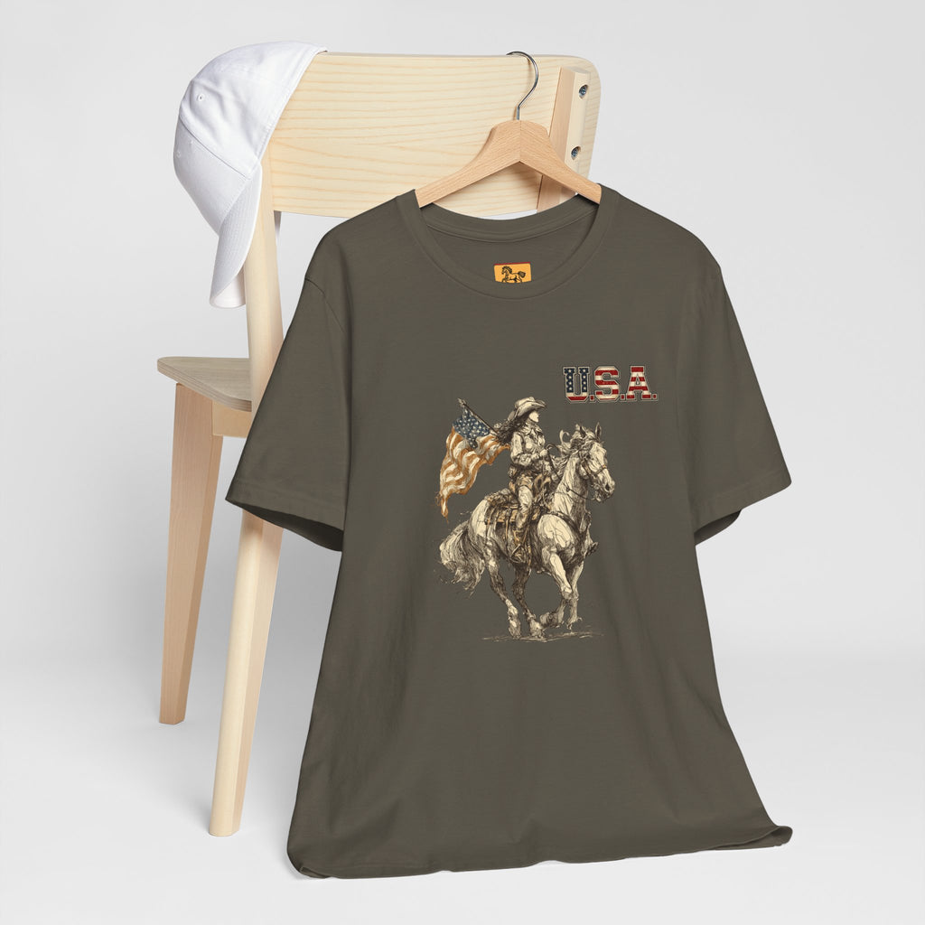 USA Flag & Cowgirl Rider T-Shirt | Patriotic Cowgirl on Horse Graphic Tee