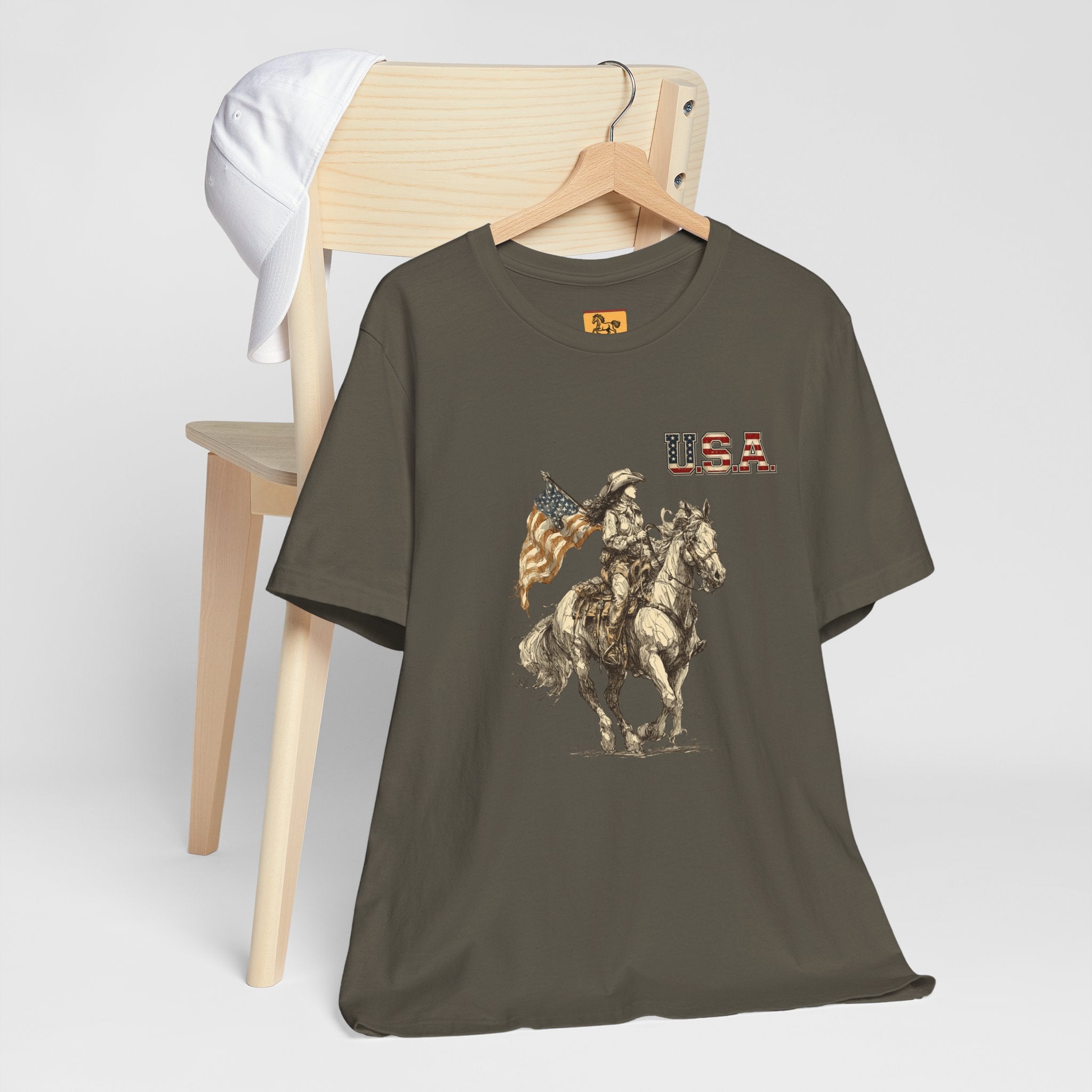 USA Flag & Cowgirl Rider T-Shirt | Patriotic Cowgirl on Horse Graphic Tee