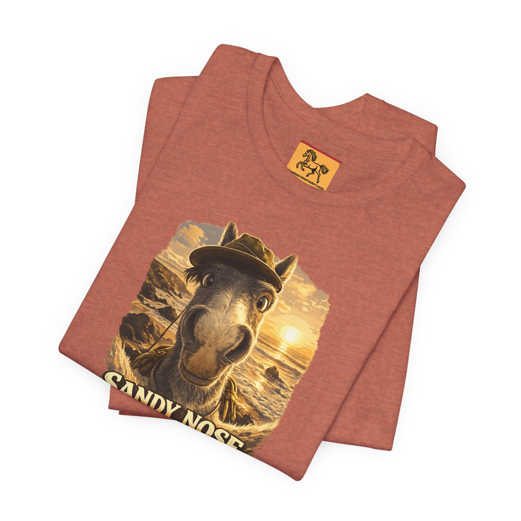 Sandy nose, don't care. A cheeky horse beach selfie tee for horse lovers who live for summer. Super soft Bella + Canvas 3001. Shop now at Hay There Horse Art.