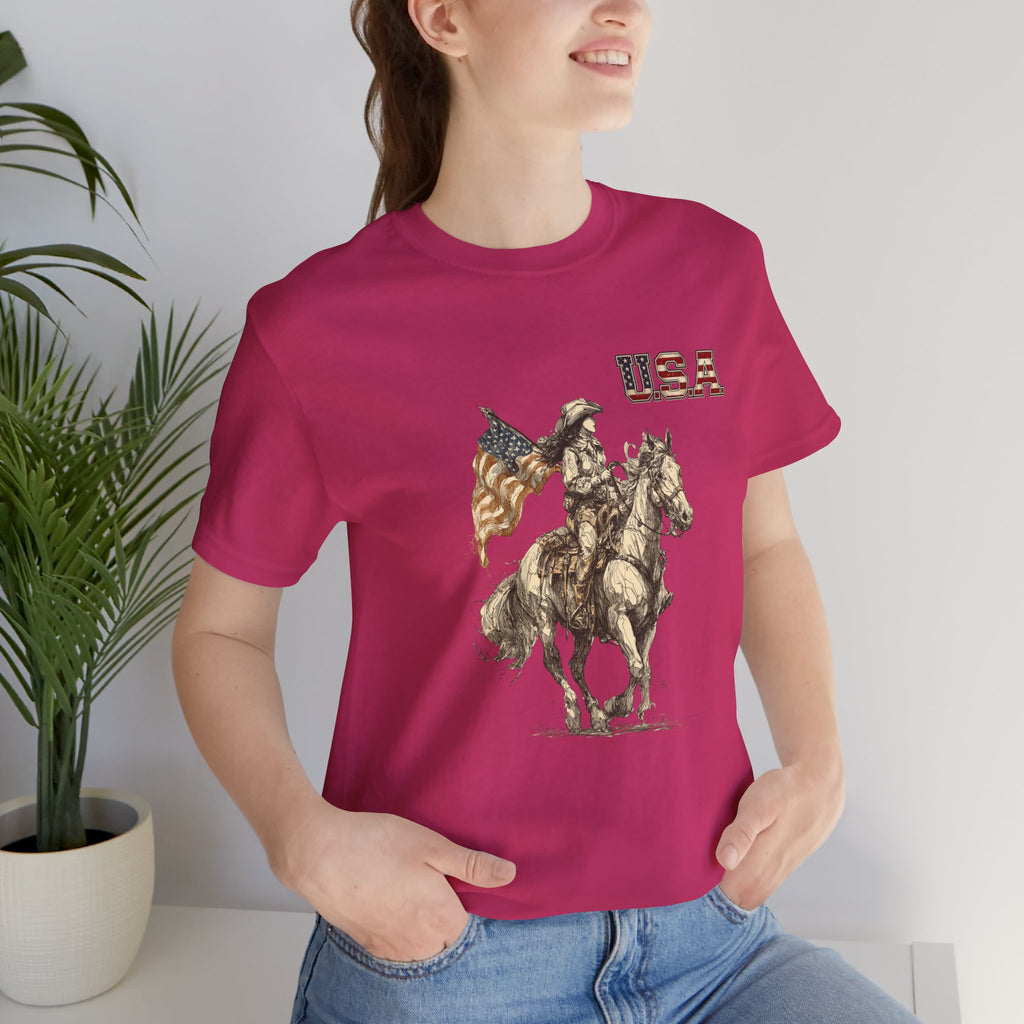 USA Flag & Cowgirl Rider T-Shirt | Patriotic Cowgirl on Horse Graphic Tee