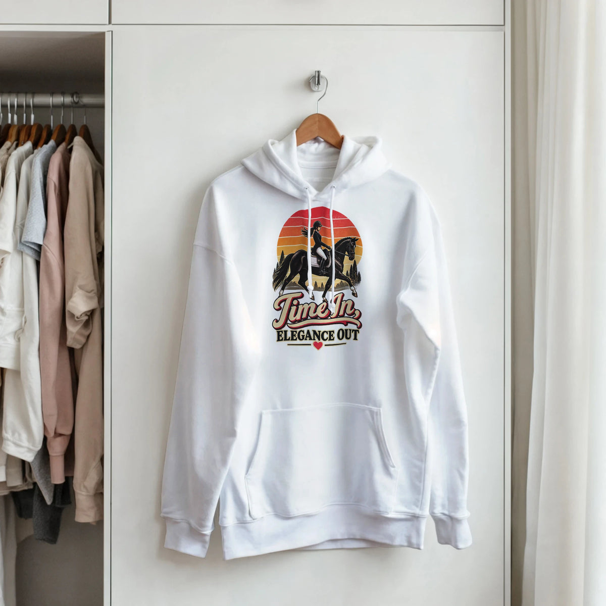 Time In, Elegance Out retro sunset dressage hoodie by Hay There Horse Art, view 9