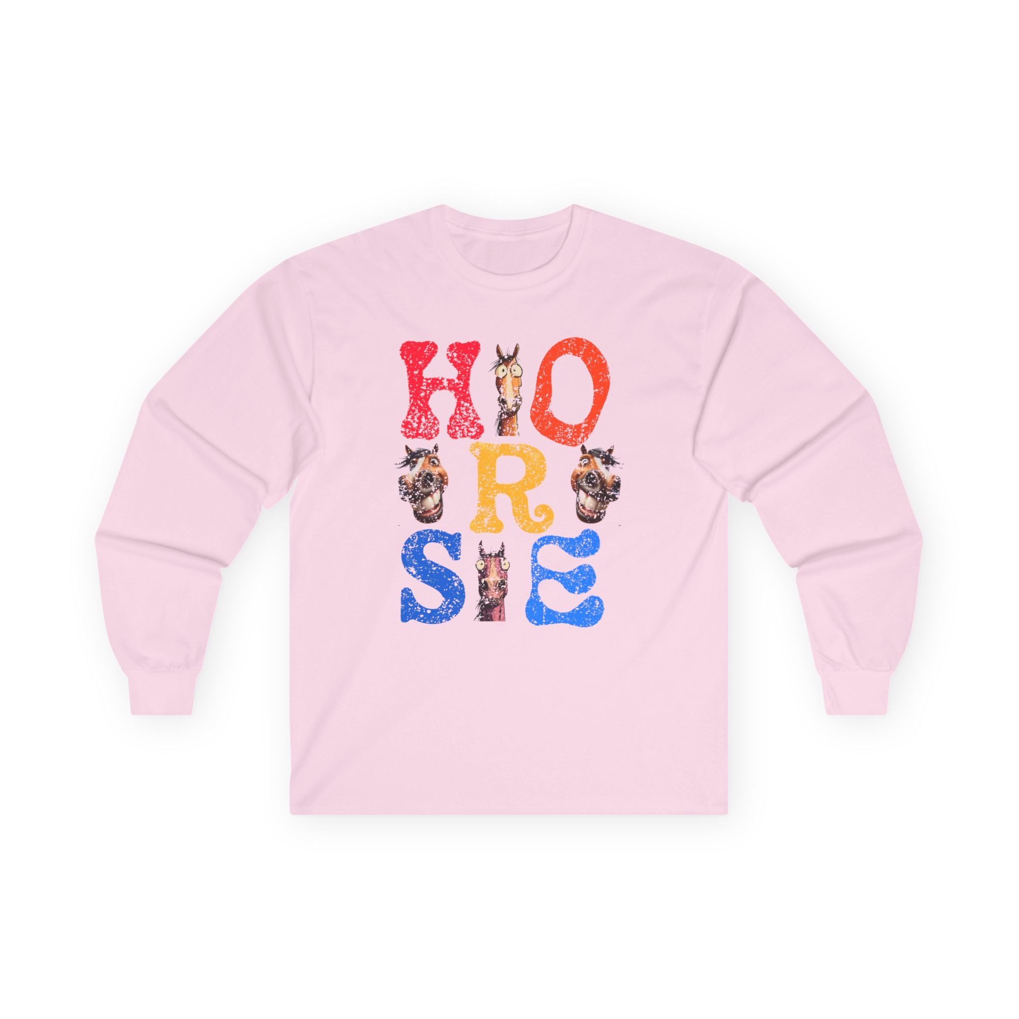 Illustrated "Horse" Lettering Design Long Sleeve T-Shirt | Equestrian Typography Tee