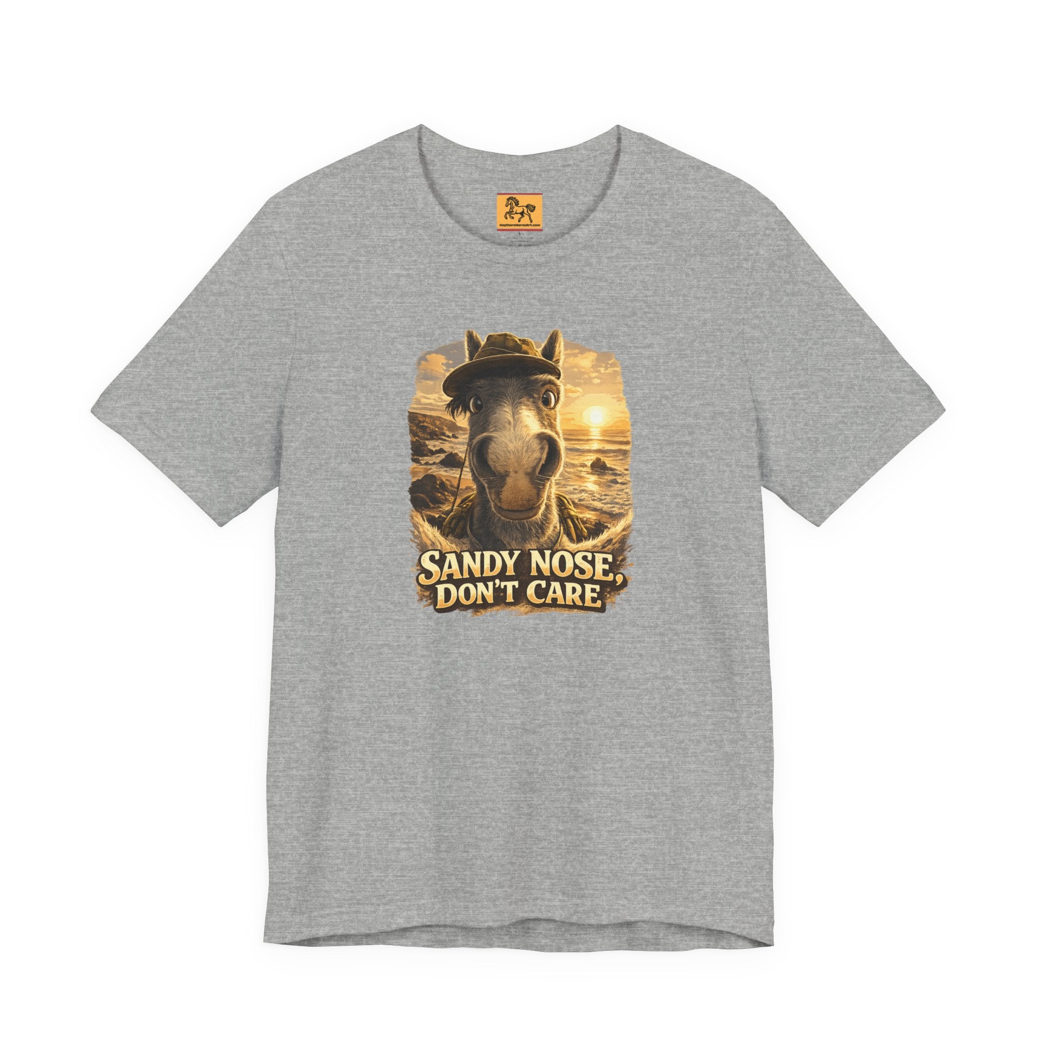 Sandy nose, don't care. A cheeky horse beach selfie tee for horse lovers who live for summer. Super soft Bella + Canvas 3001. Shop now at Hay There Horse Art.