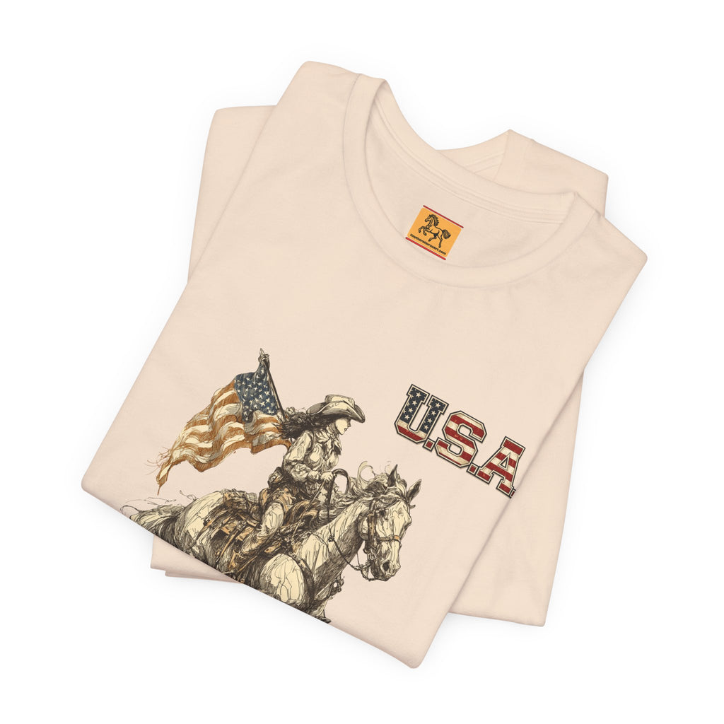 USA Flag & Cowgirl Rider T-Shirt | Patriotic Cowgirl on Horse Graphic Tee