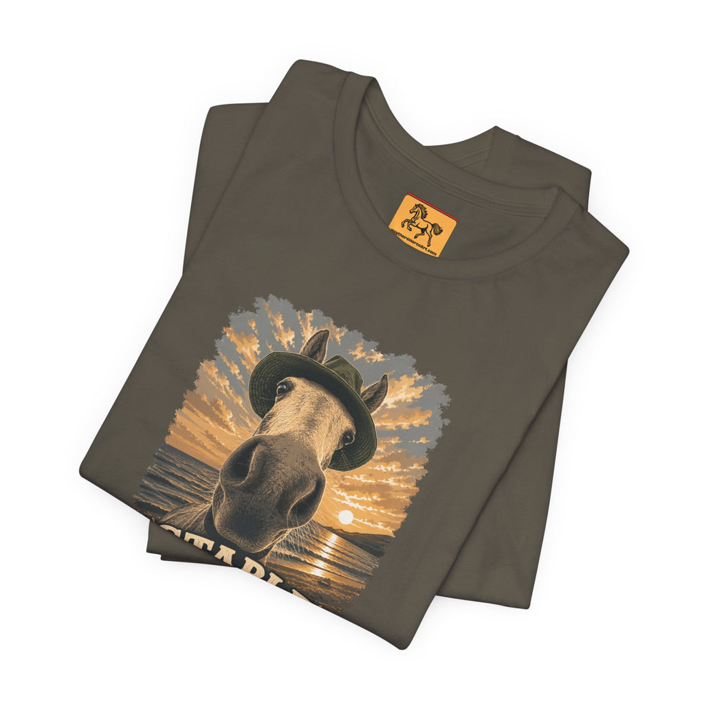 Stable Selfie Club unisex t-shirt in army, featuring original equestrian artwork of a horse wearing a hat taking a selfie at sunset on a beach, printed on Bella & Canvas 3001 tee by Hay there Horse Art.