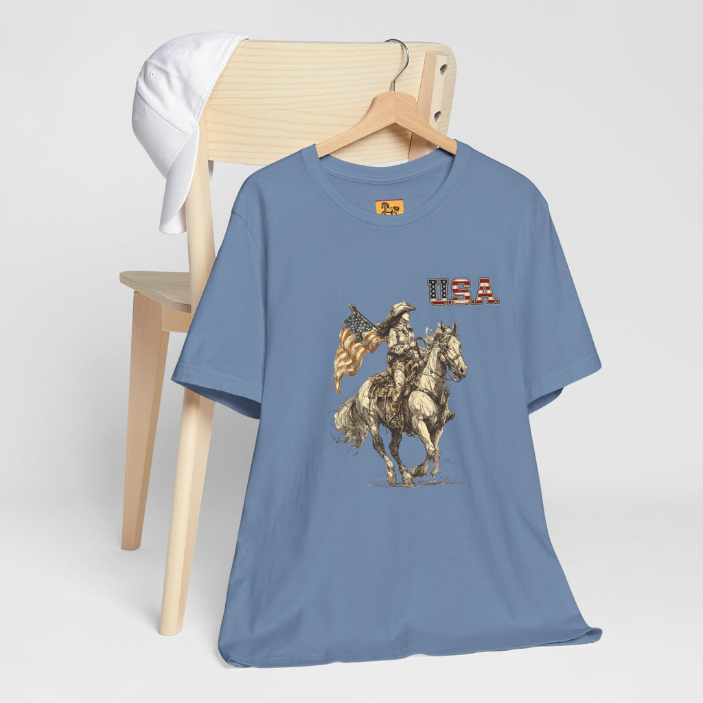 USA Flag & Cowgirl Rider T-Shirt | Patriotic Cowgirl on Horse Graphic Tee