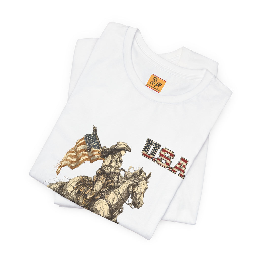 USA Flag & Cowgirl Rider T-Shirt | Patriotic Cowgirl on Horse Graphic Tee