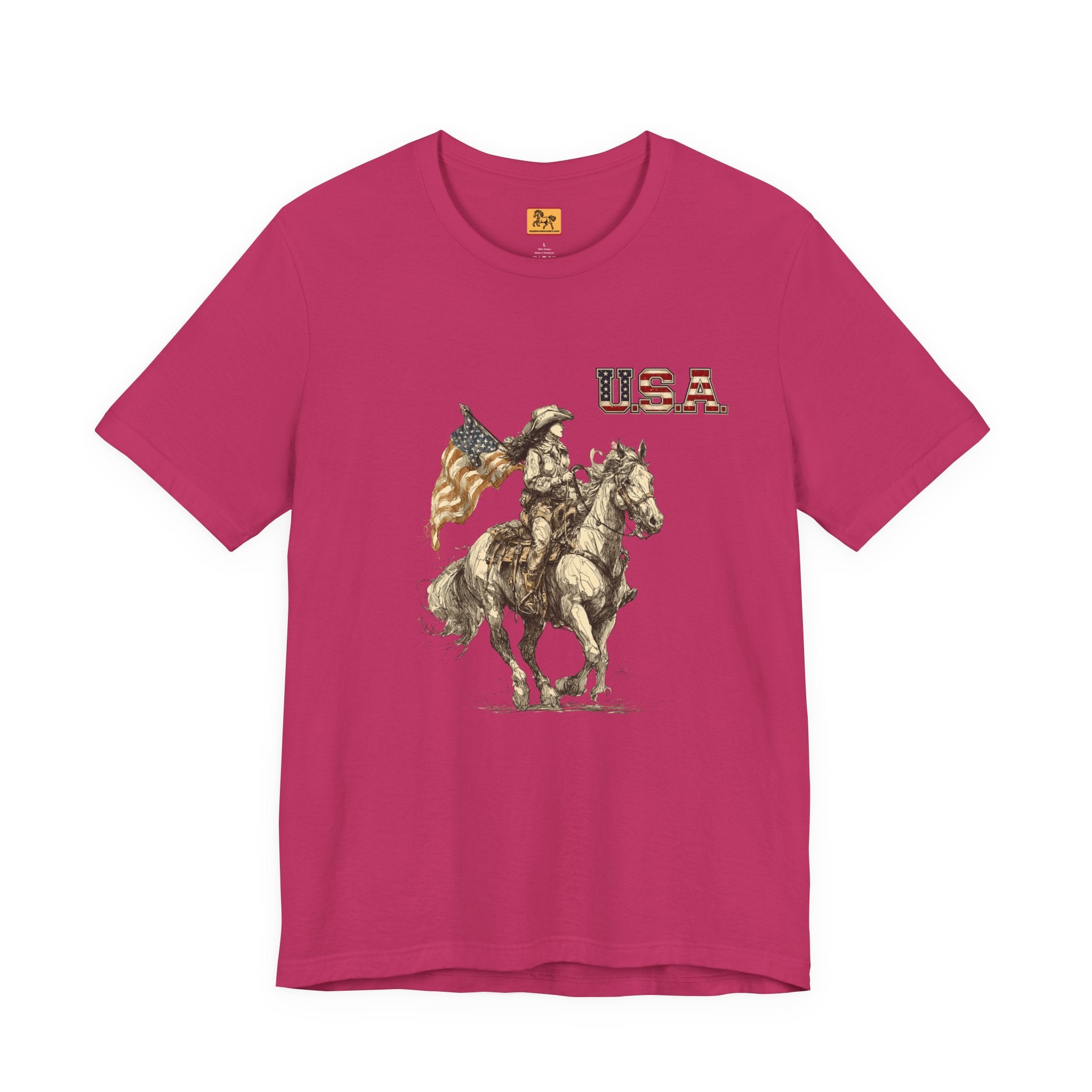 USA Flag & Cowgirl Rider T-Shirt | Patriotic Cowgirl on Horse Graphic Tee