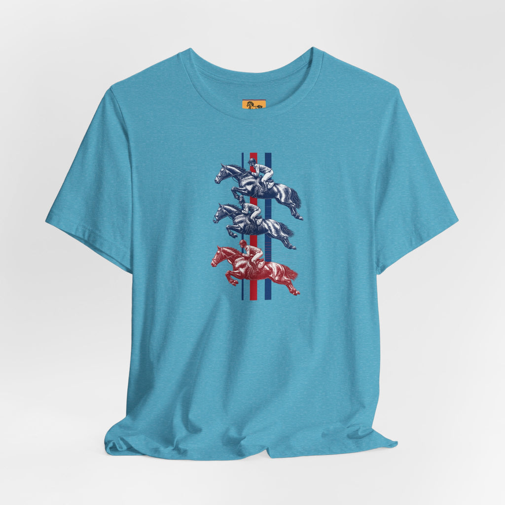 Vintage Show Jumping Horses T‑Shirt UK Red White Blue Equestrian Tee for Riders & Owners