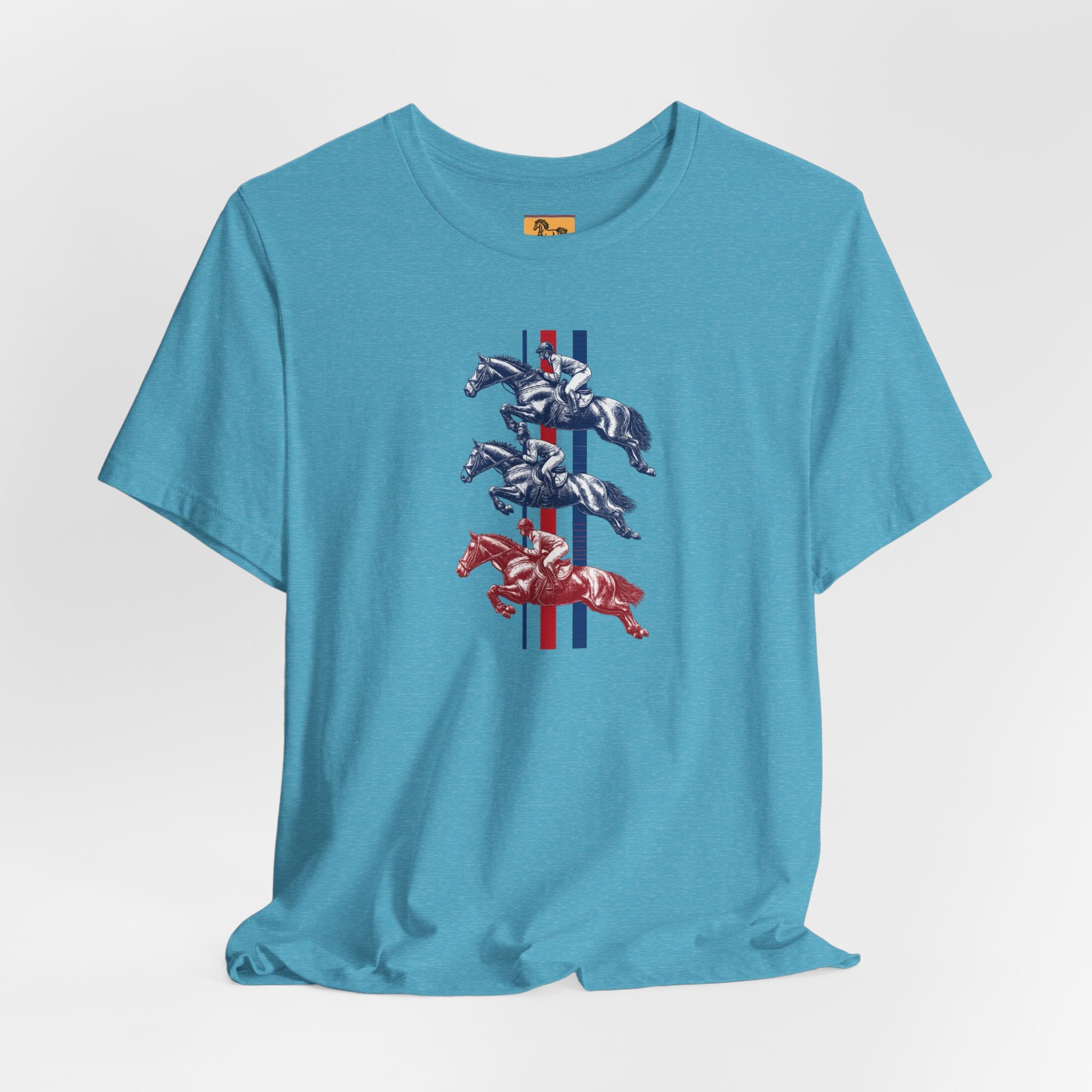 Vintage Show Jumping Horses T‑Shirt UK Red White Blue Equestrian Tee for Riders & Owners