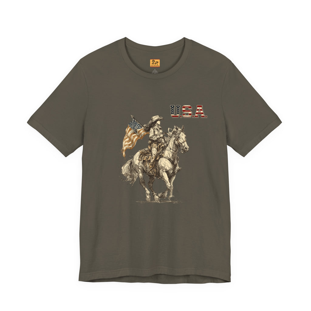 USA Flag & Cowgirl Rider T-Shirt | Patriotic Cowgirl on Horse Graphic Tee