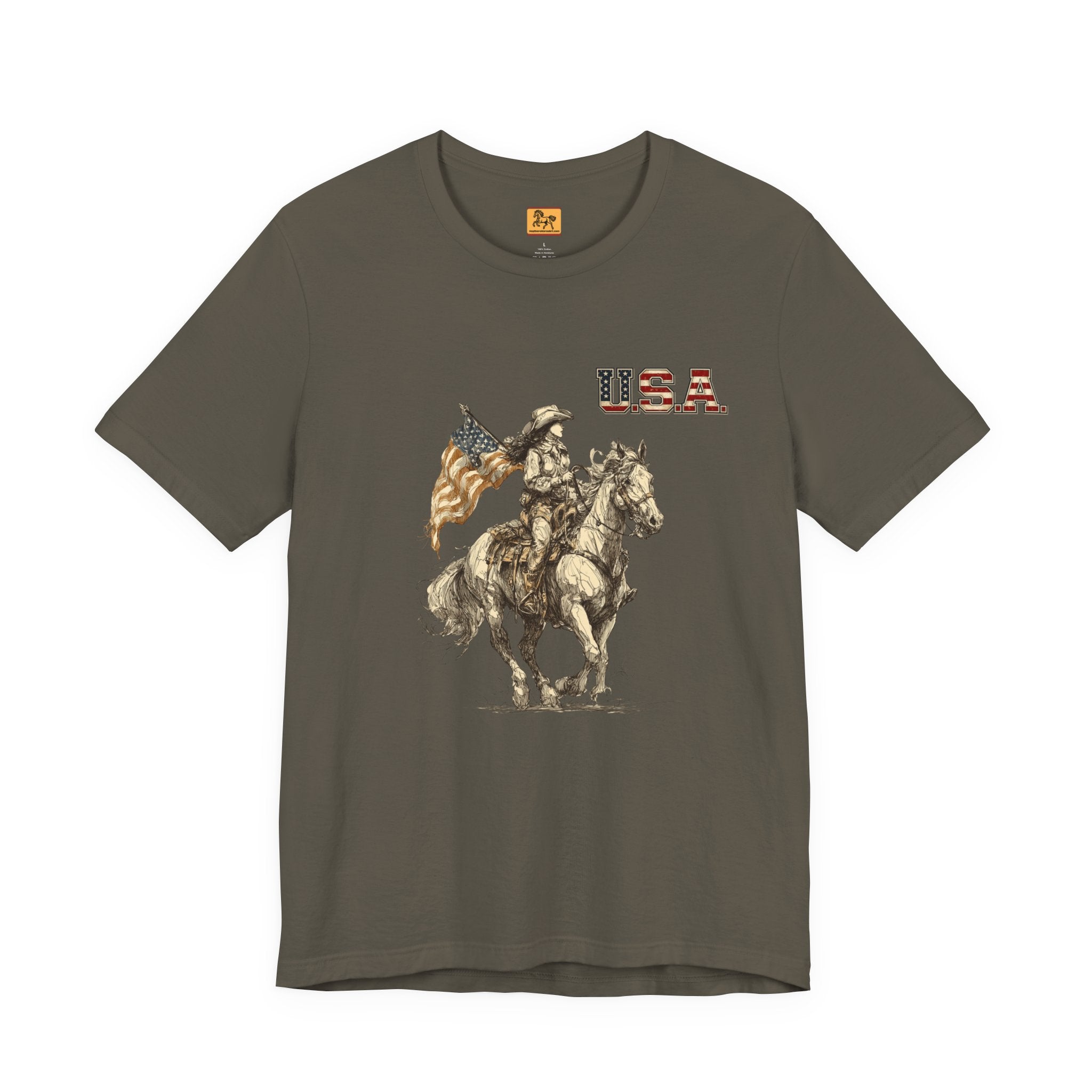 USA Flag & Cowgirl Rider T-Shirt | Patriotic Cowgirl on Horse Graphic Tee
