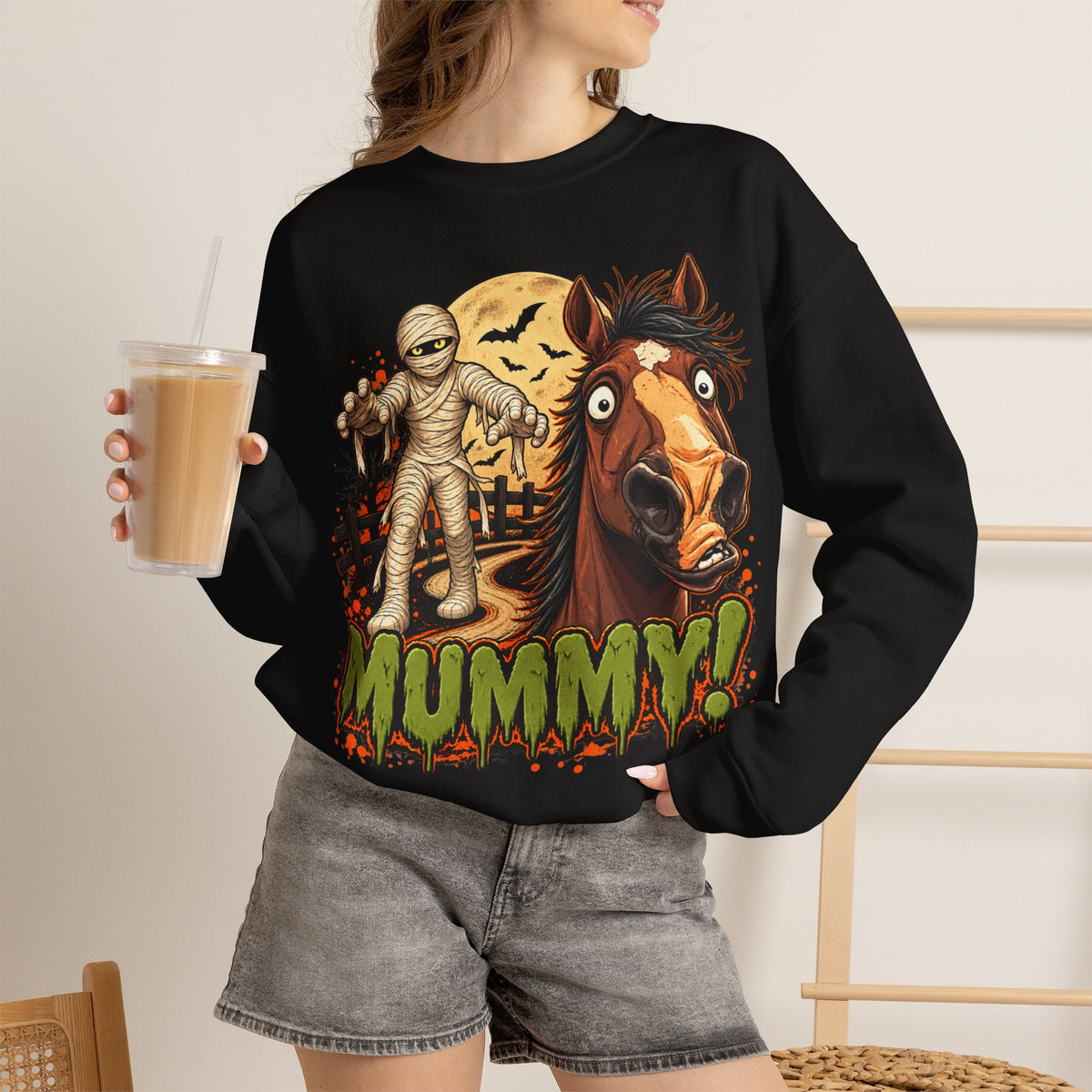 Mummy! Spooky Horse Halloween Sweatshirt Funny Haunted Pony Crewneck