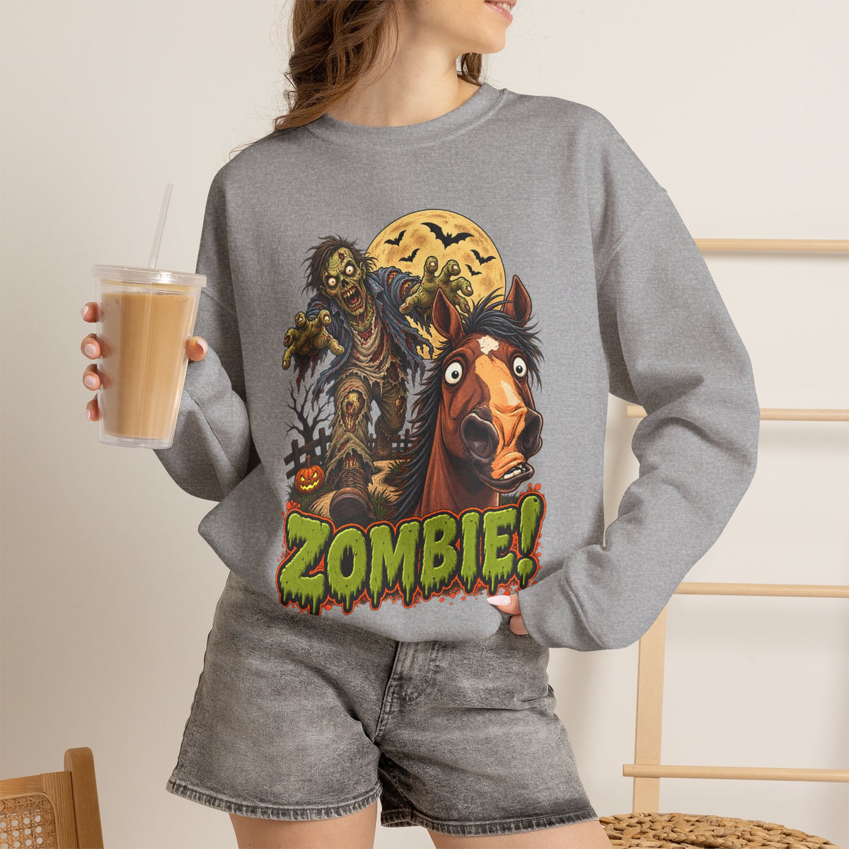 Zombie! Spooky Horse Halloween Sweatshirt Funny Haunted Pony Crewneck