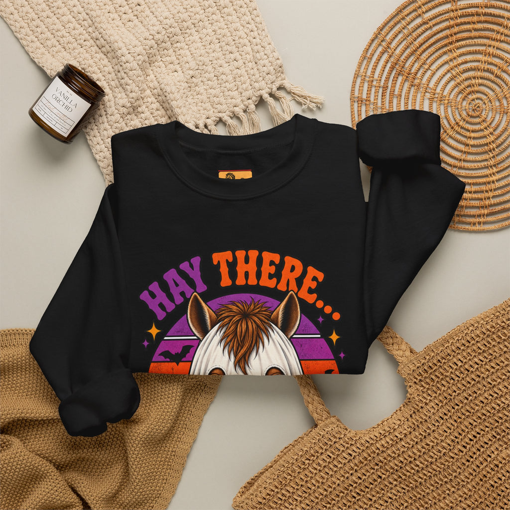 Hay There, It's Spooky Season! Ghost Horse Halloween Sweatshirt Funny Equestrian Crewneck