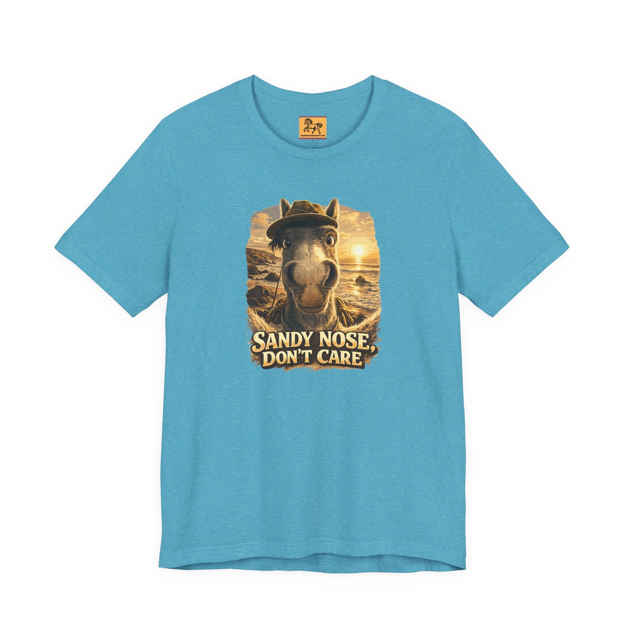 Sandy nose, don't care. A cheeky horse beach selfie tee for horse lovers who live for summer. Super soft Bella + Canvas 3001. Shop now at Hay There Horse Art.