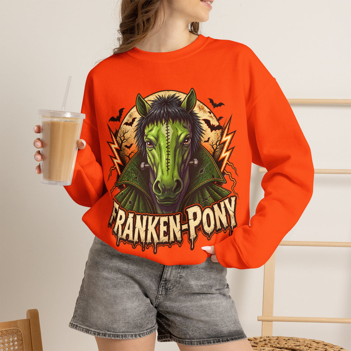 Franken-Pony Halloween Sweatshirt, Mad Science Monster Horse Crewneck