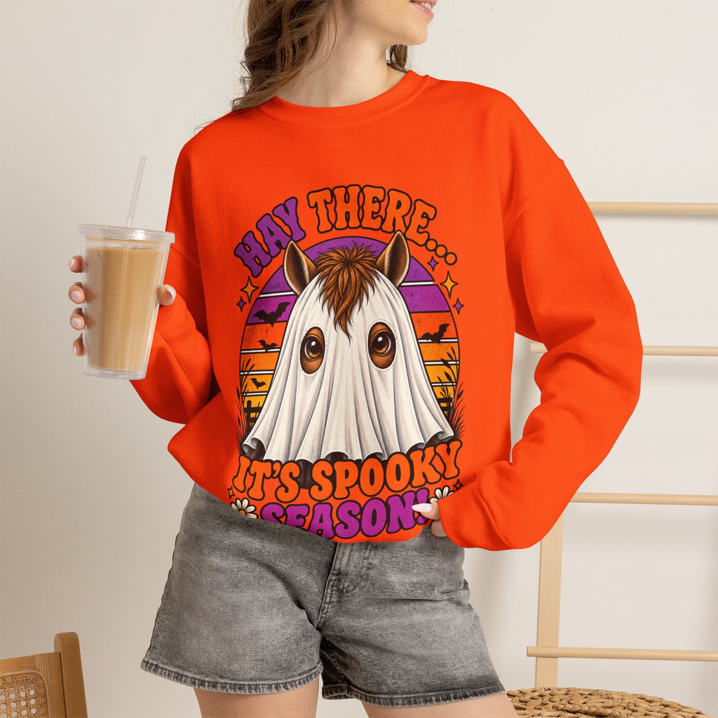 Hay There, It's Spooky Season! Ghost Horse Halloween Sweatshirt Funny Equestrian Crewneck