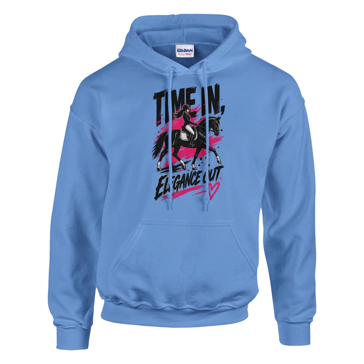 Carolina Blue equestrian hoodie with a dressage rider and pink street-art design