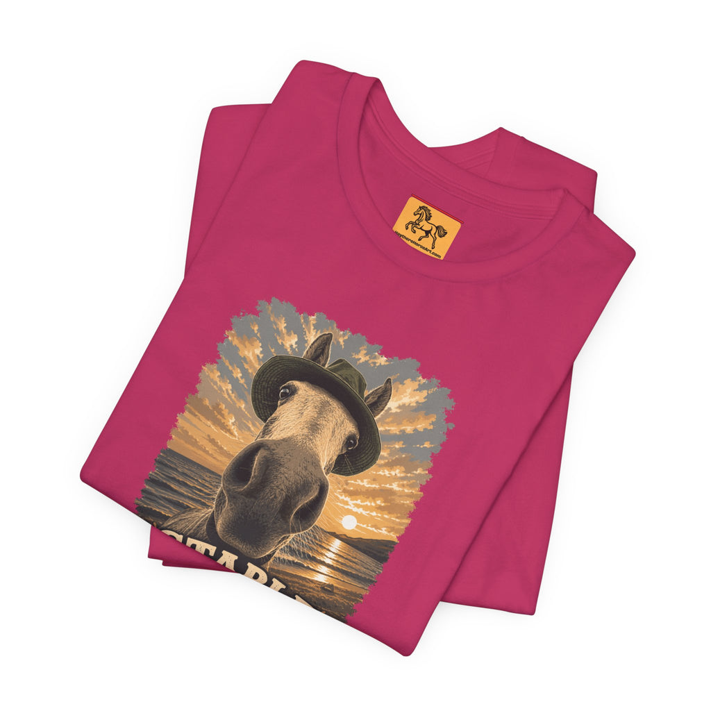 Stable Selfie Club unisex t-shirt  featuring original equestrian artwork of a horse wearing a hat taking a selfie at sunset on a beach, printed on Bella & Canvas 3001 tee by Hay there Horse Art.