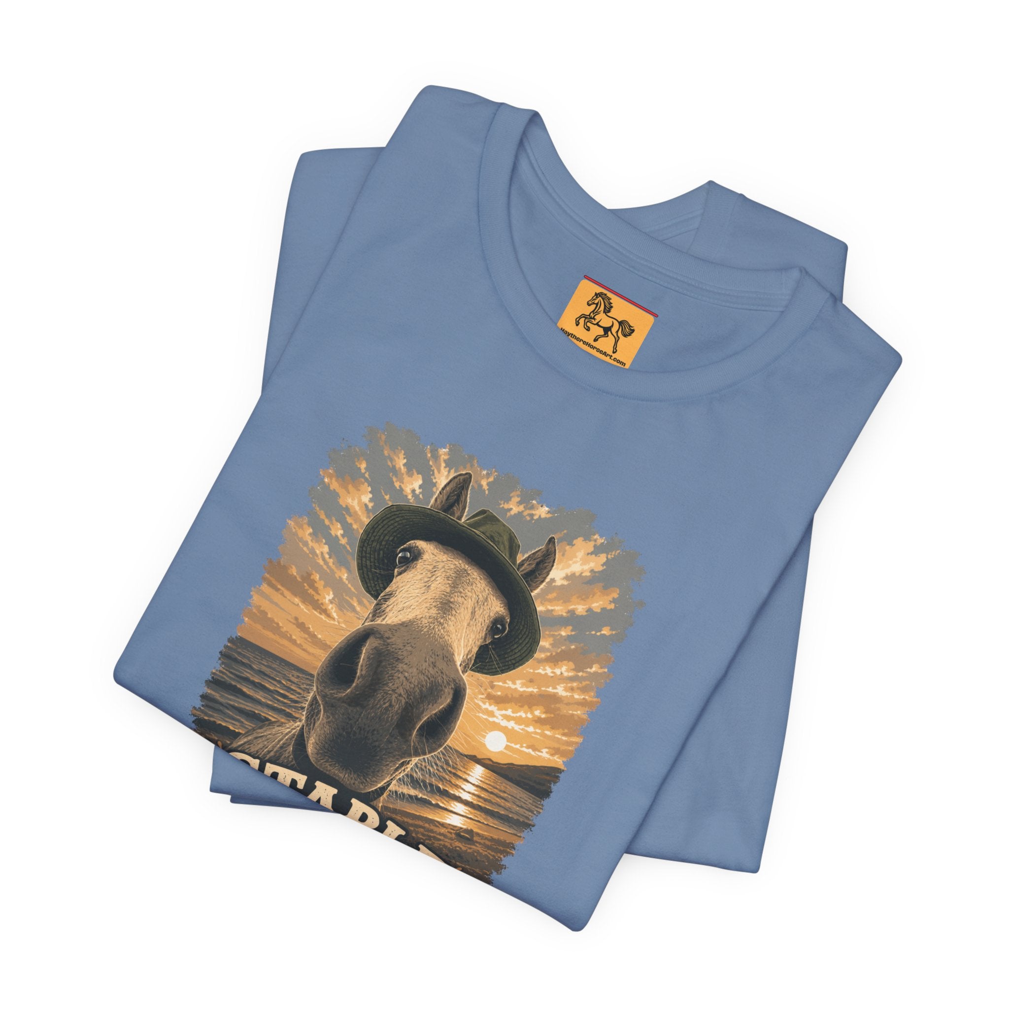 Stable Selfie Club unisex t-shirt  featuring original equestrian artwork of a horse wearing a hat taking a selfie at sunset on a beach, printed on Bella & Canvas 3001 tee by Hay there Horse Art.