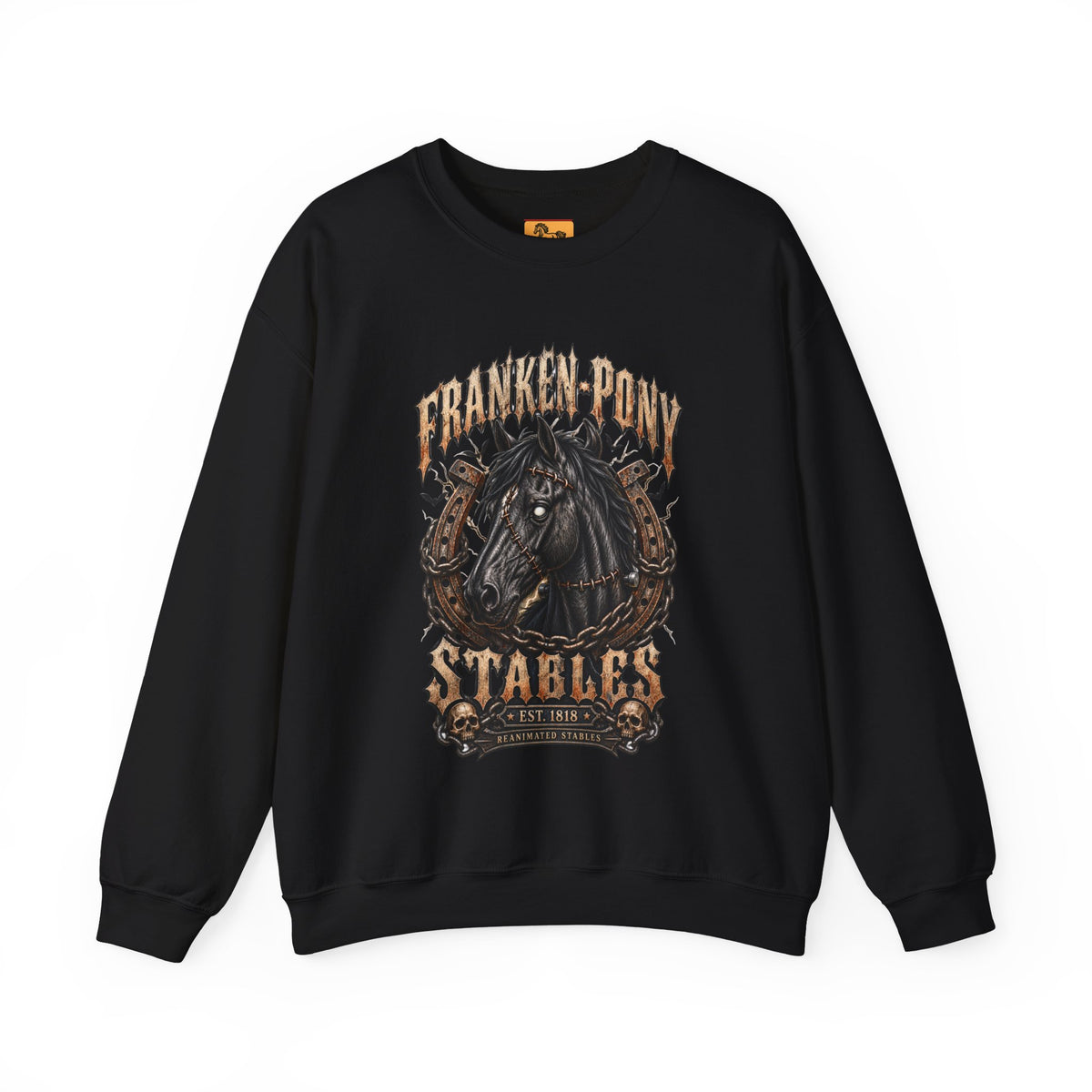 Franken-Pony Stables Est. 1818 Halloween Sweatshirt Gothic Horse Crest Crewneck